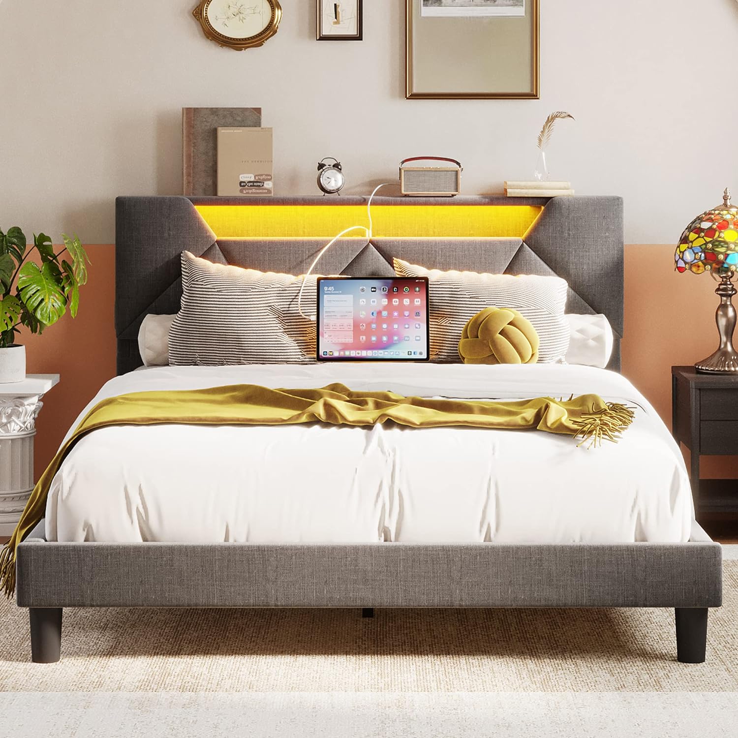 Queen Bed Frame with Storage Headboard and Charging Station, LED Lights Upholstered Platform Bed, Heavy Duty Steel Support Legs, Easy Assembly, Noise Free