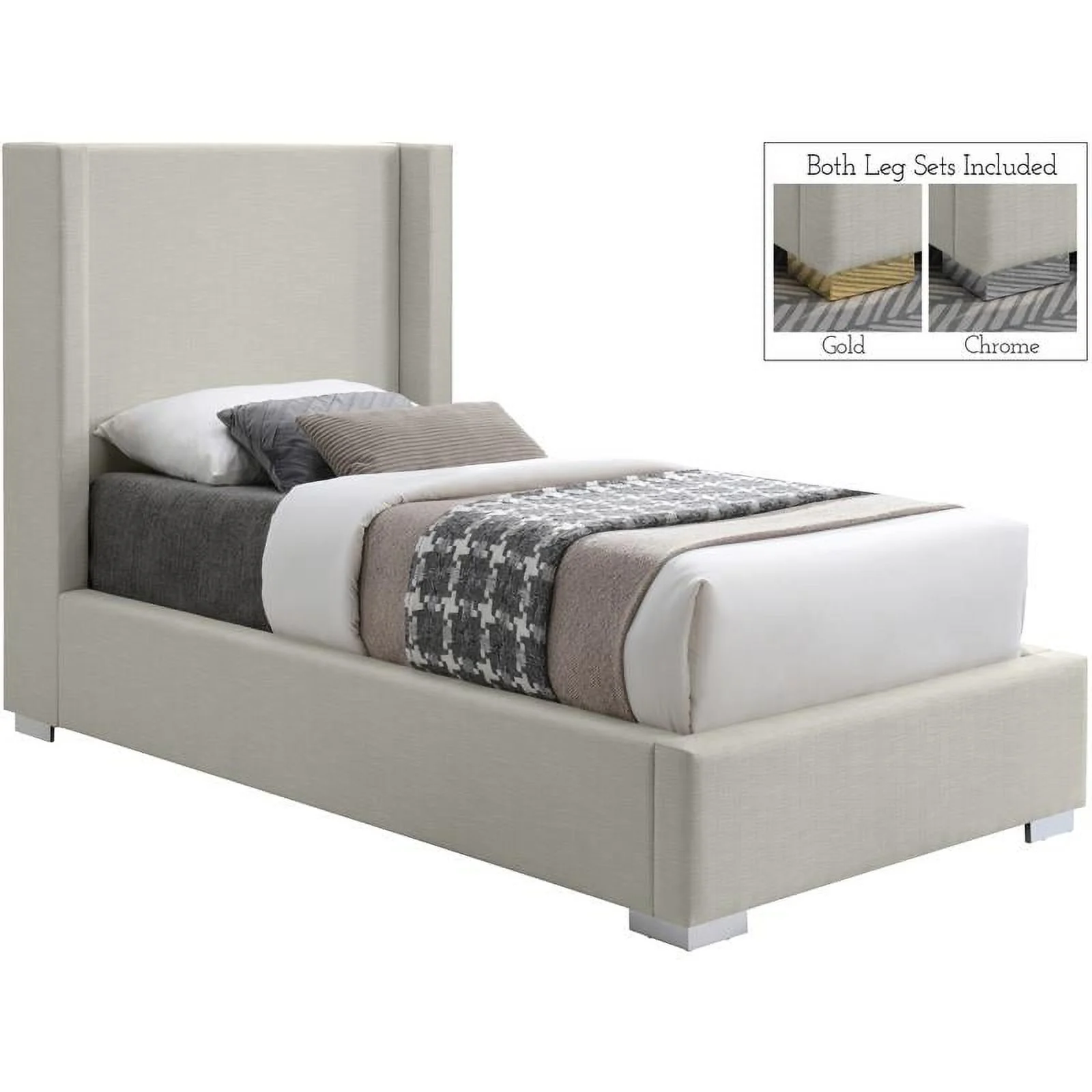 Meridian Furniture Royce Beige Linen Textured Fabric Twin Bed
