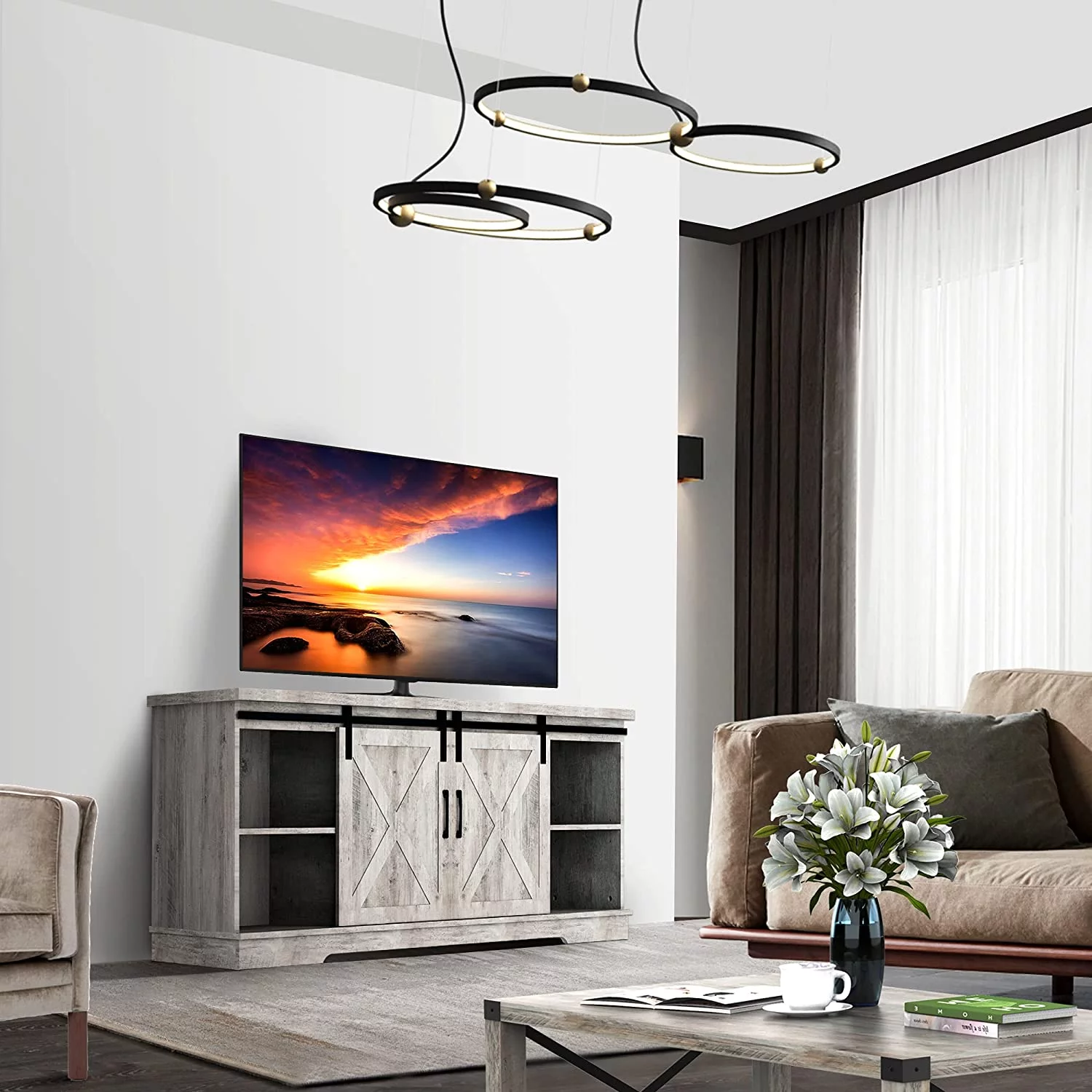 Modern Farmhouse Sliding Barn Door TV Stand for 65