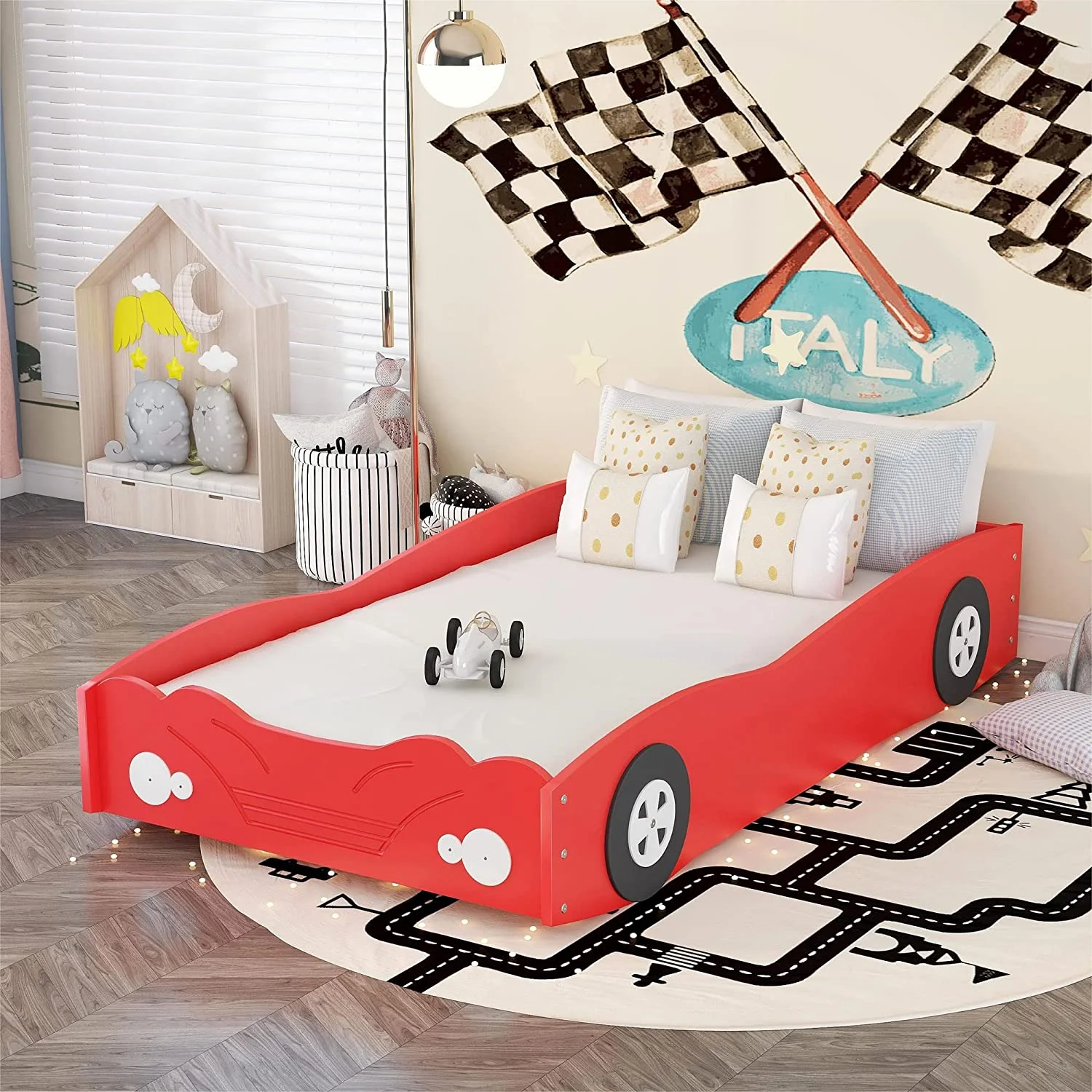 YGDU Twin Car-Shaped Platform Bed Wood Bed Frame for Kids Boys Girls No Box Spring Needed Easy Assemble Red