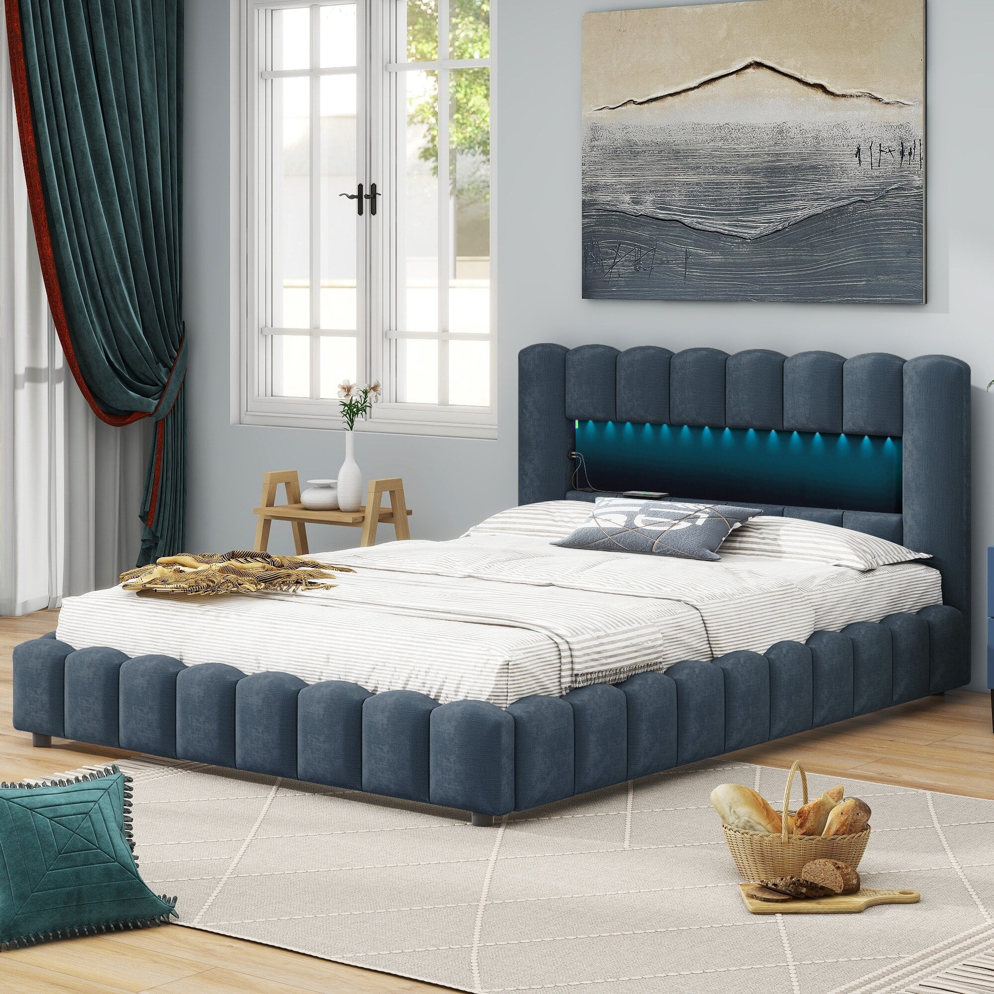 Queen Size Upholstered Storage Platform Bed w/LED Headboard&USB,Blue