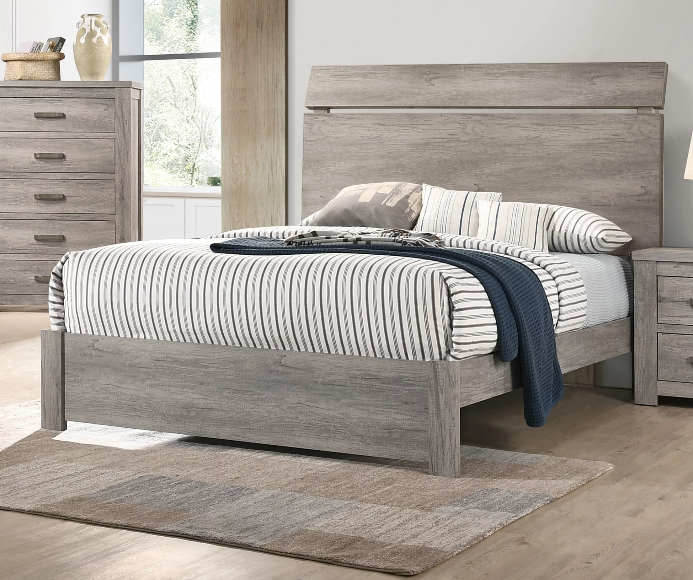 Unique Simple Antique Finish Eastern King Size Bed 1pc Bedroom Bedframe Plywood MDF HB Bed.
