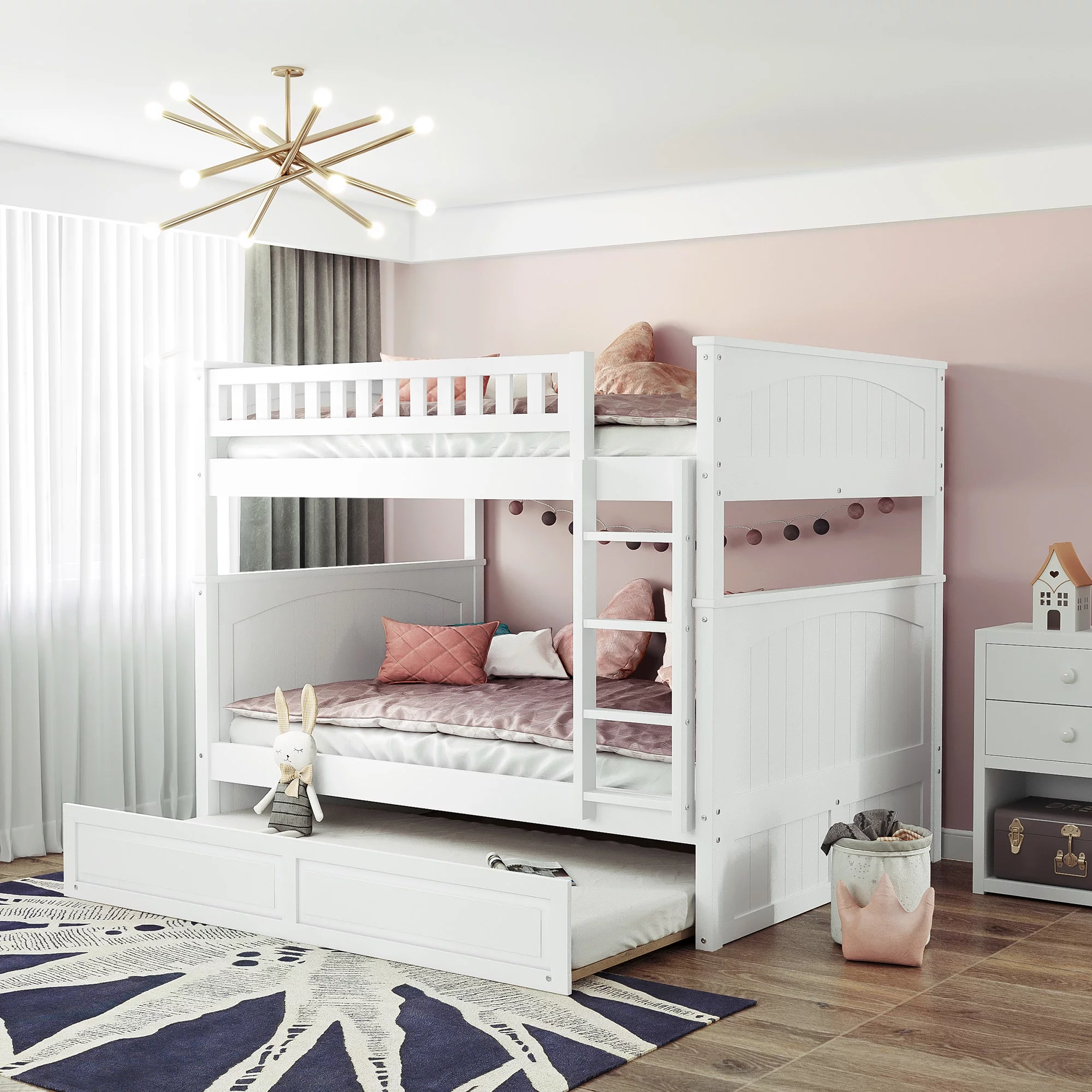 CoSoTower Full Over Full Bunk Bed With Twin Size Trundle, Pine Wood Bunk Bed With Guardrails, White