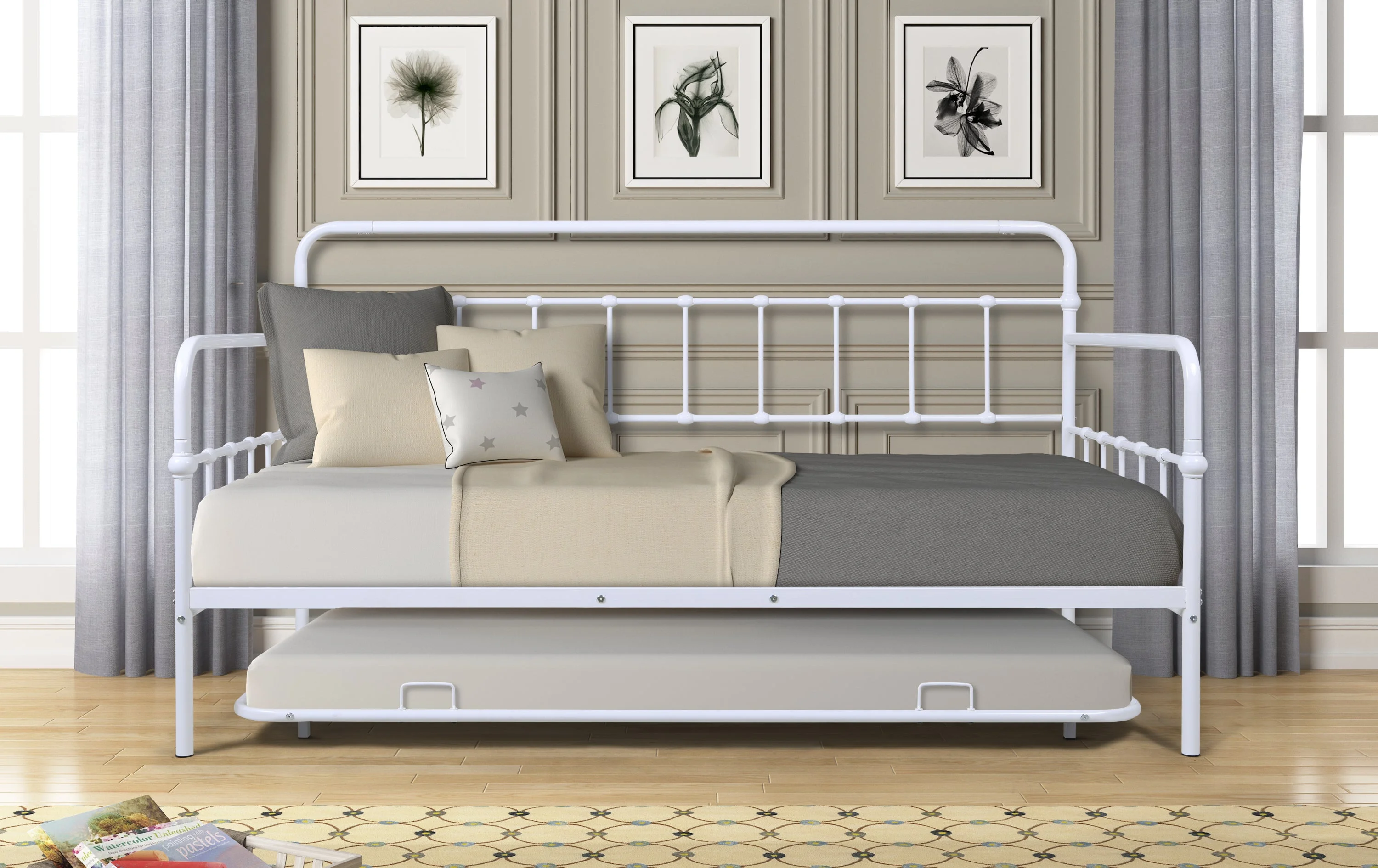 Nex Twin Size Metal Frame Daybed with Trundle - White