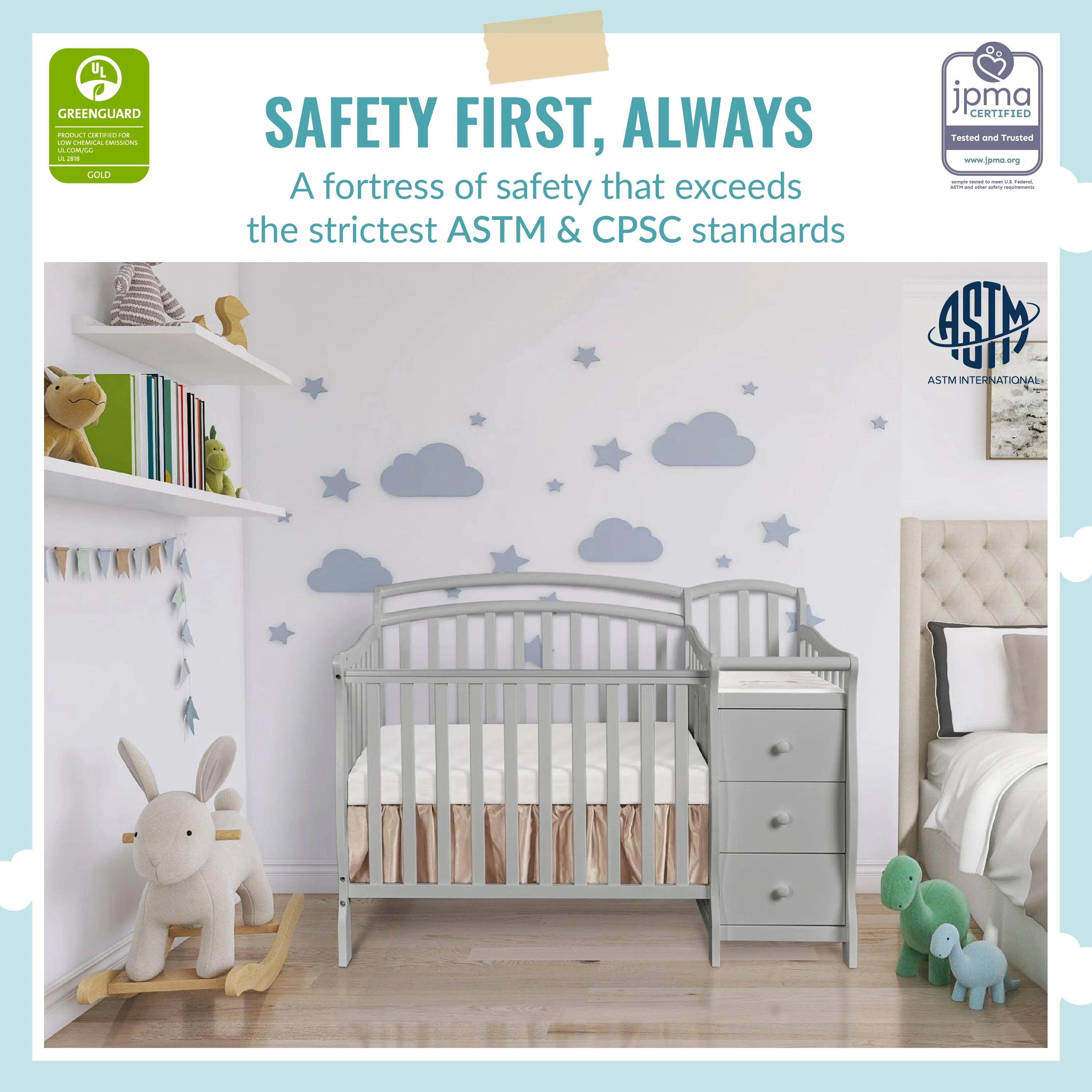 Dream On Me Casco 4-in-1 Mini Crib and Dressing Table, Pebble Grey