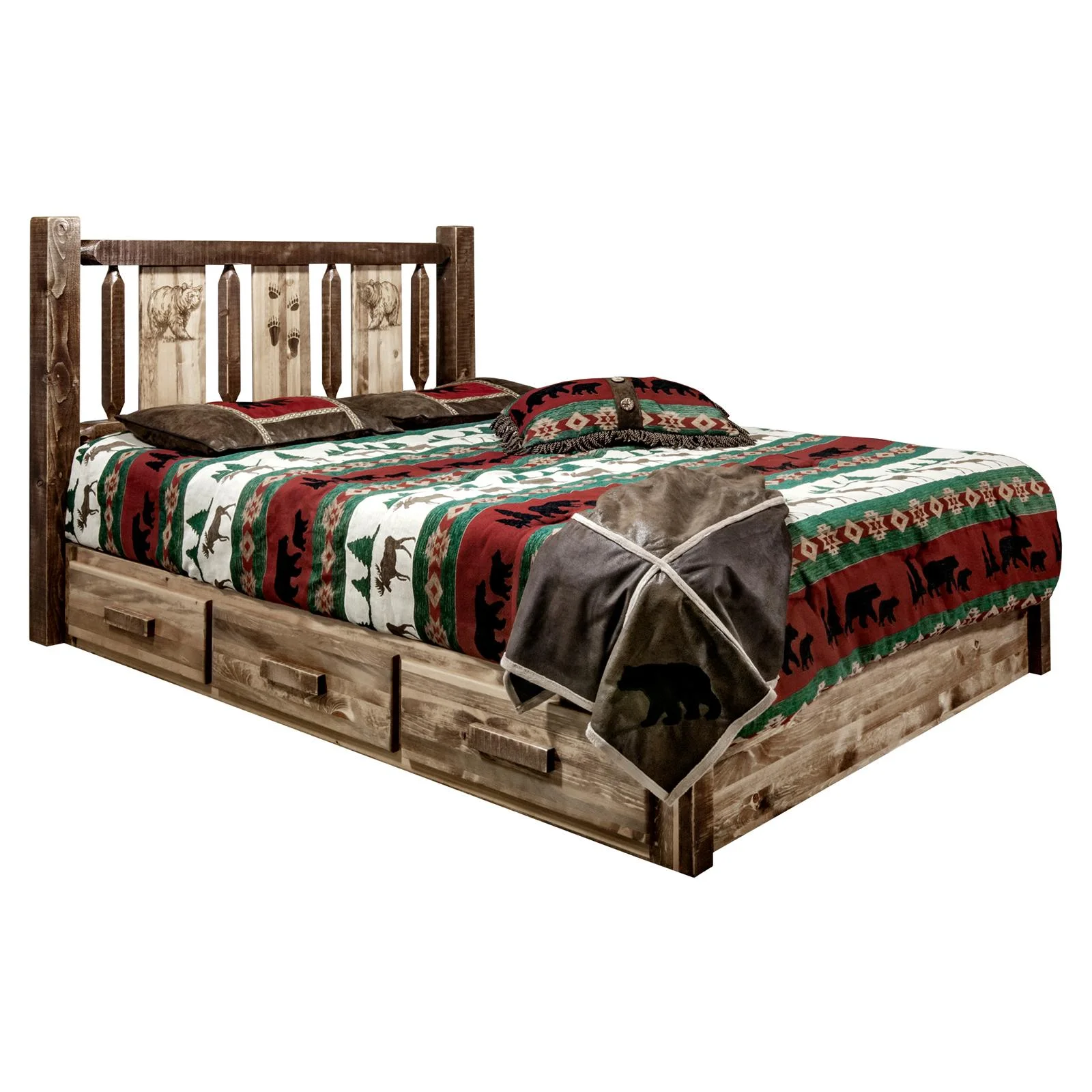 Montana Woodworks Homestead Wood Twin Platform Bed with Engraved Bear in Brown