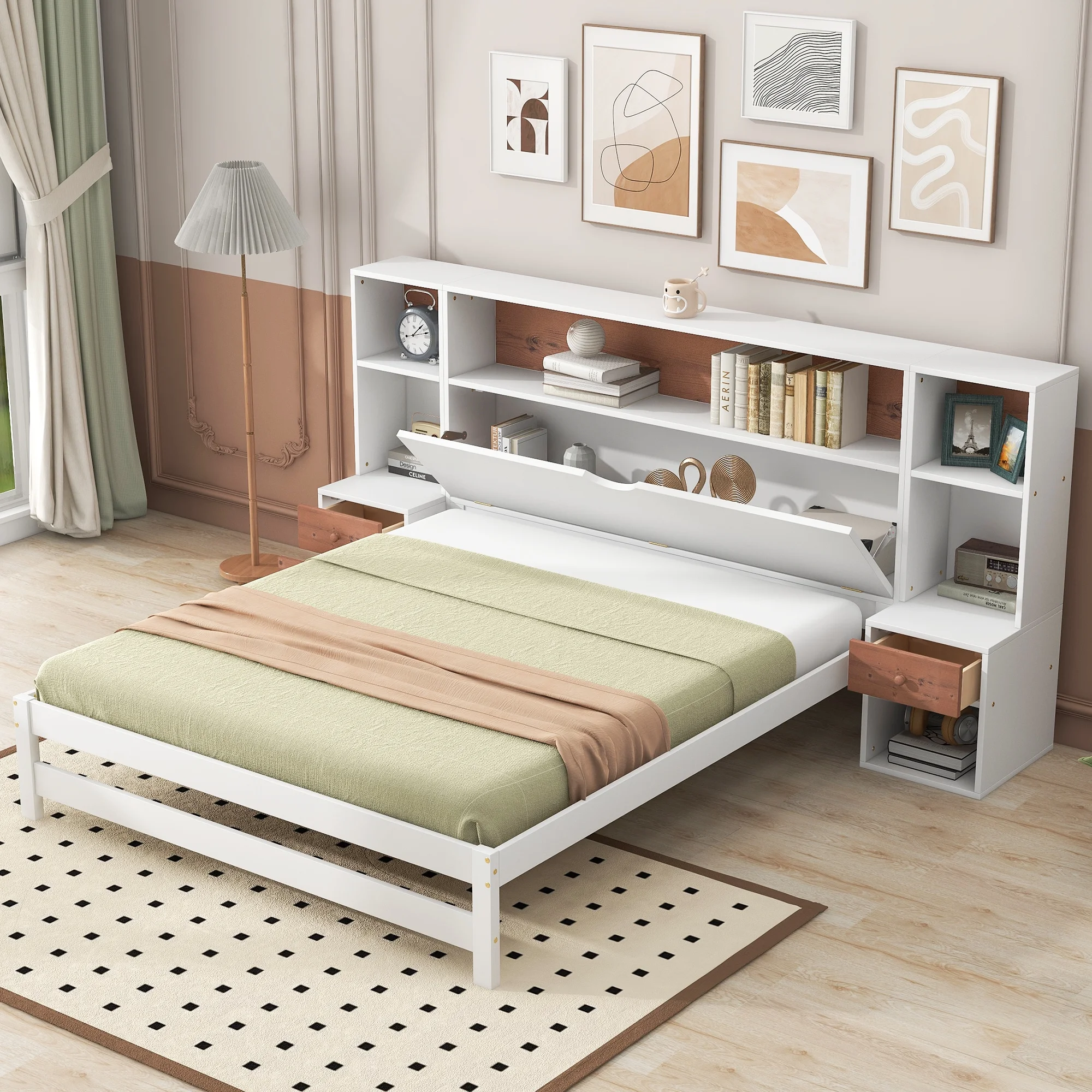 Dawn Whisper Full Size Platform Bed with Storage Headboard and Drawers, White