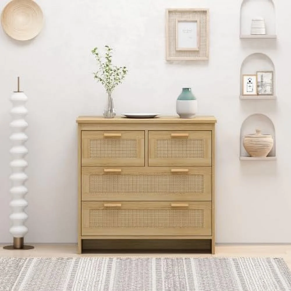 RUNFAYBIU Cabinet 4 Drawer Rattan Dresser for Bedroom Modern Wooden Dresser Chest for entryway with Drawer Beside Table for Living Room Entry Way and Bathroom