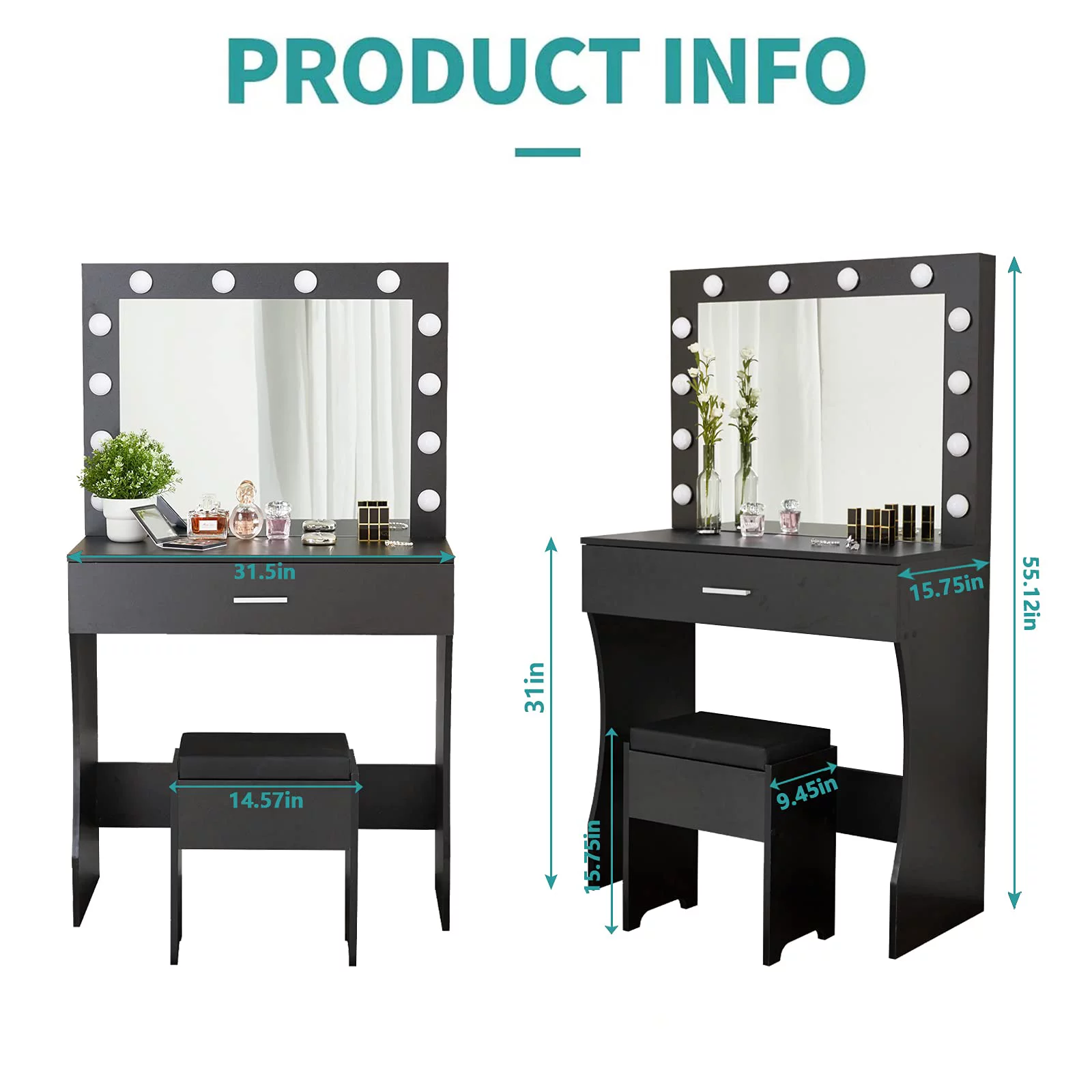 Modern Vanity Table with Lighted Mirror and Stool, Black Finish, for Bedroom