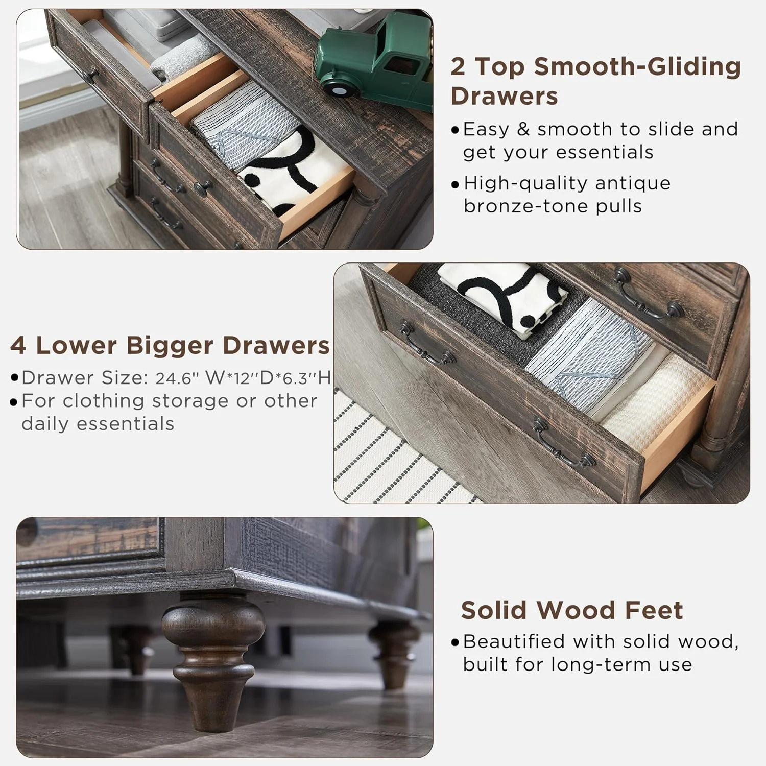 OKD Farmhouse 6 Drawers Dresser Chests for Bedroom w/4 Solid Wood Feet & Column ,Storage Dressers for Bedroom,Living Room,Dark Rustic Oak