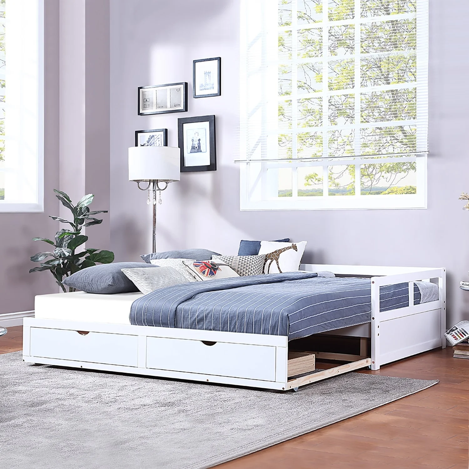 Nestfair Wooden Daybed with Trundle Bed and Two Storage Drawers White