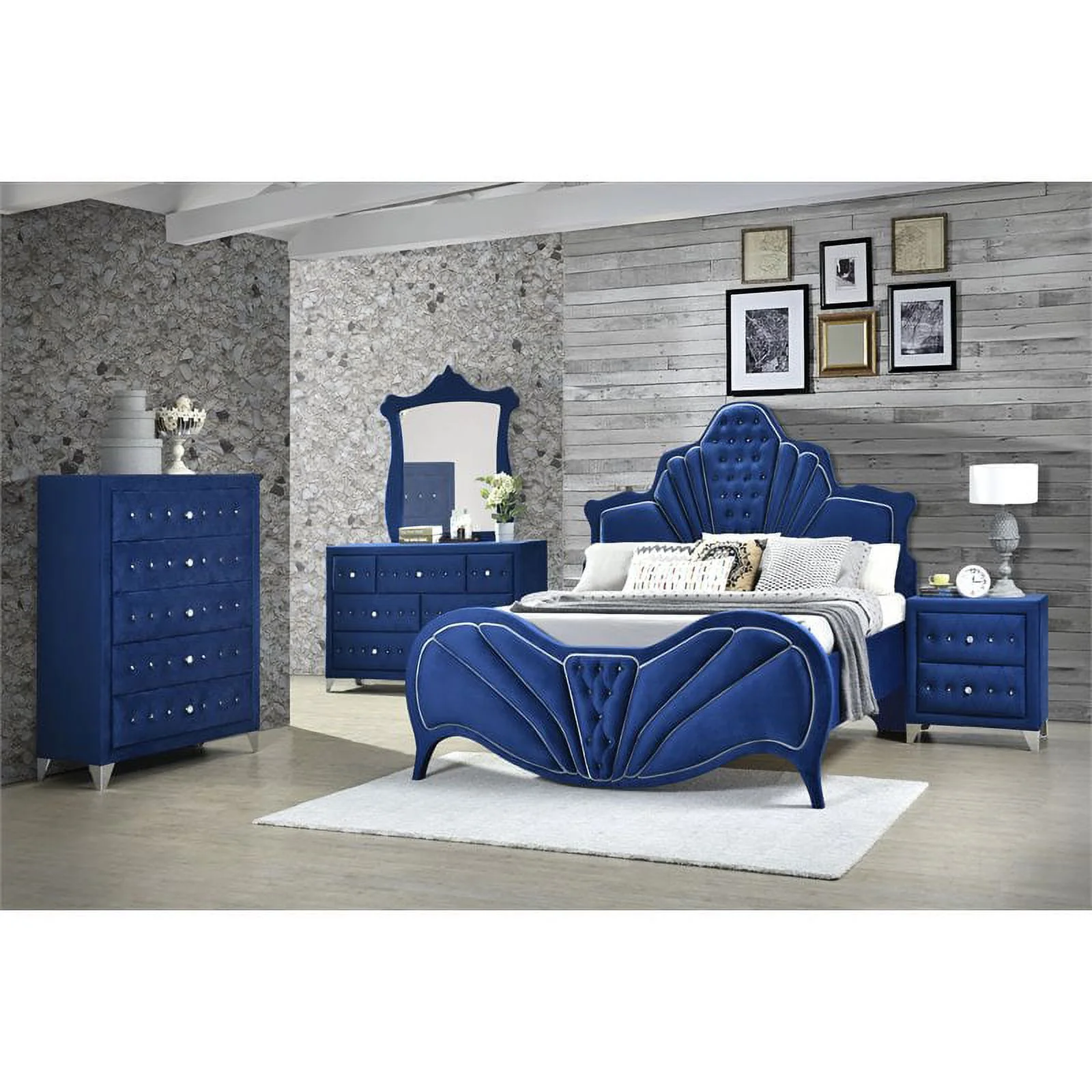 Bowery Hill Contemporary Queen Bed in Blue Velvet