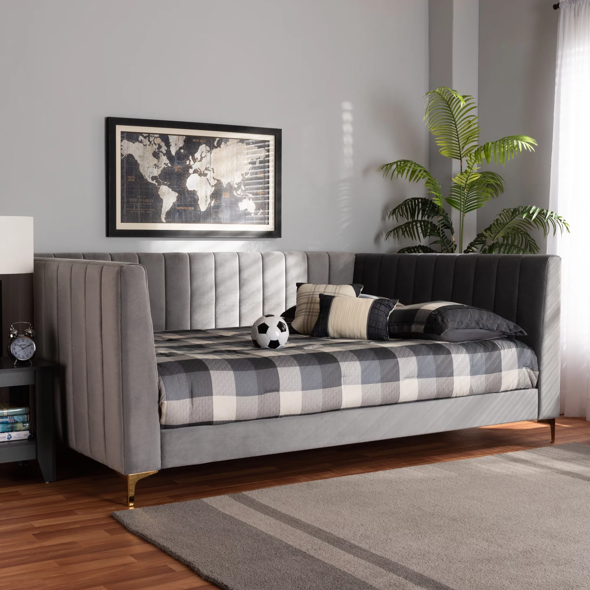Baxton Studio Oksana Modern Contemporary Glam and Luxe Light Grey Velvet Fabric Upholstered and Gold Finished Queen Daybed