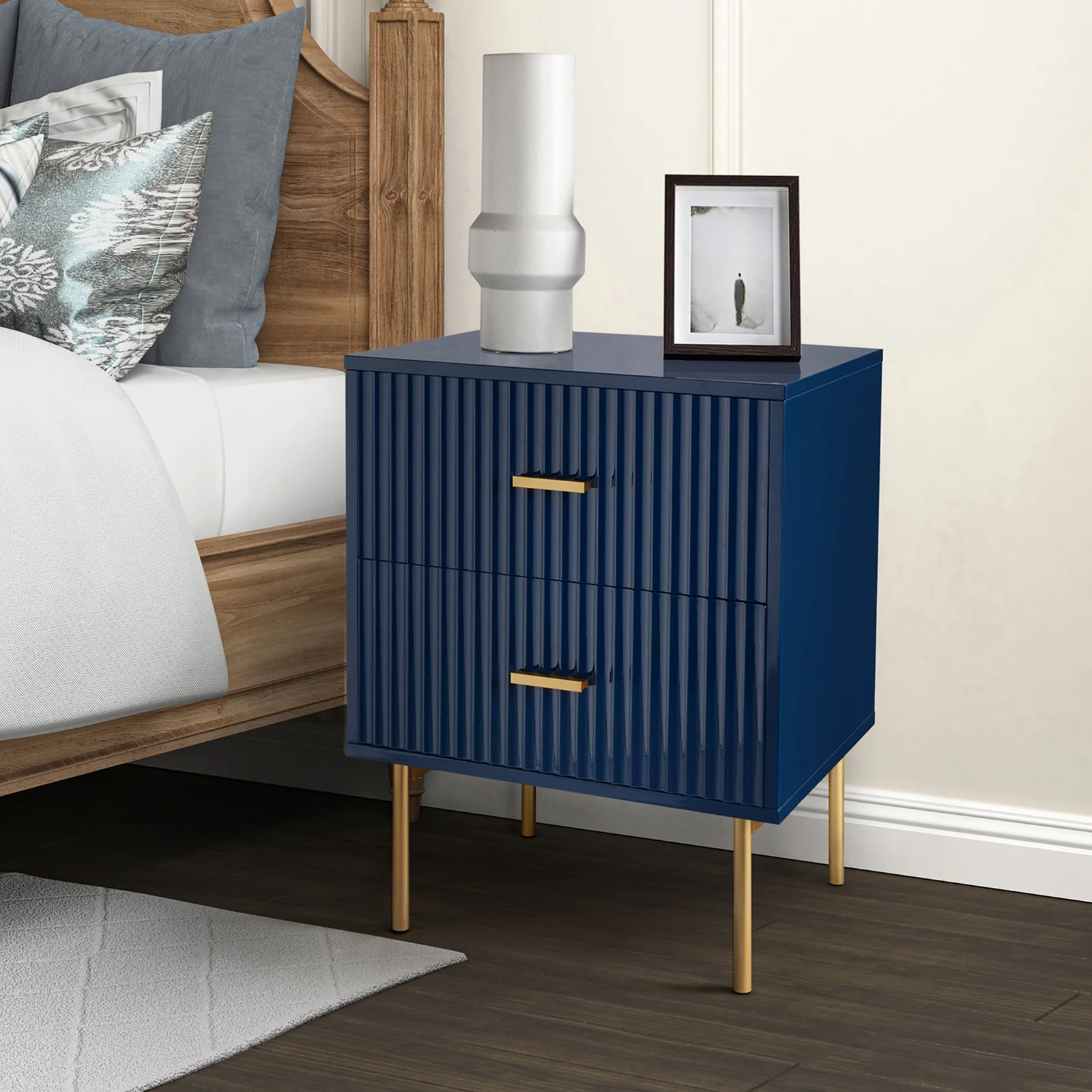 Wooden 2 Drawer Storage Nightstand Chest Cabinet Bedside Table Metal Legs for Home Bedroom Navy