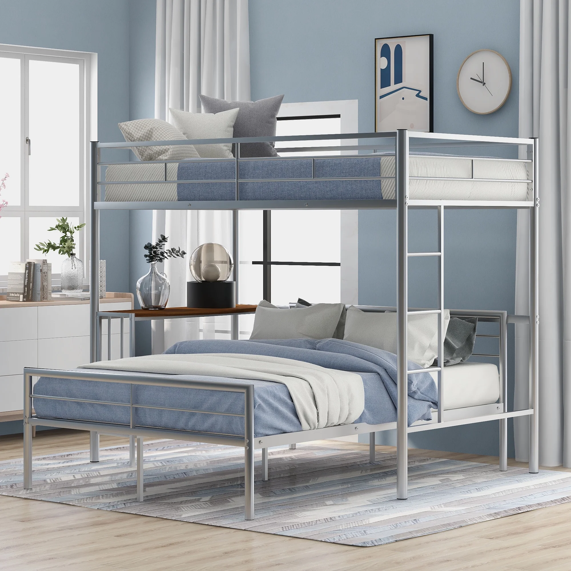 Twin Over Full Metal Bunk Bed with Desk, Ladder and Quality Slats for Bedroom, Metallic Silver
