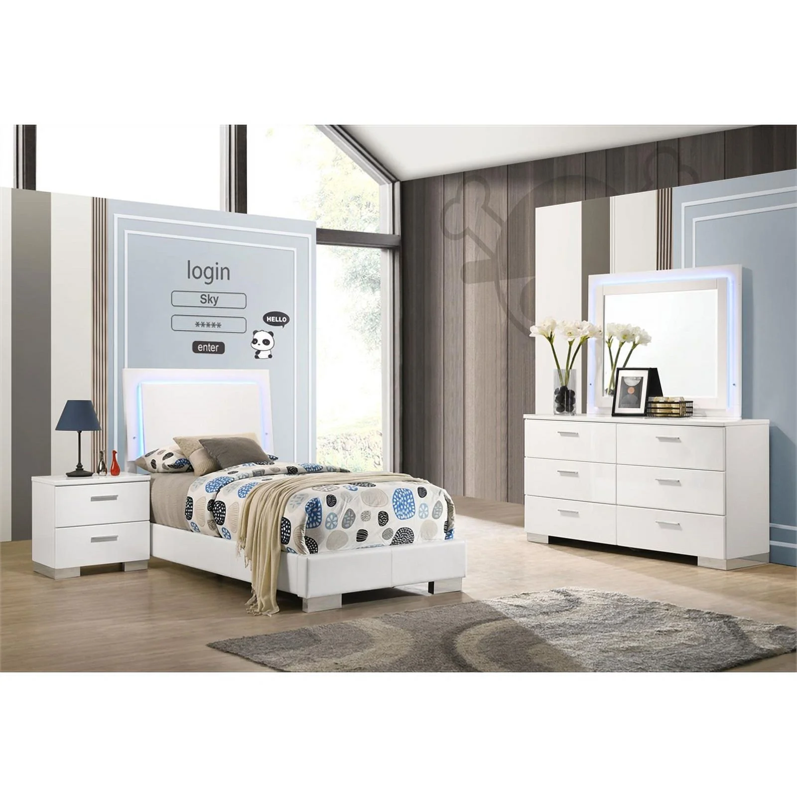 Pemberly Row 4-Piece Faux Leather Twin Bedroom Set in White Finish