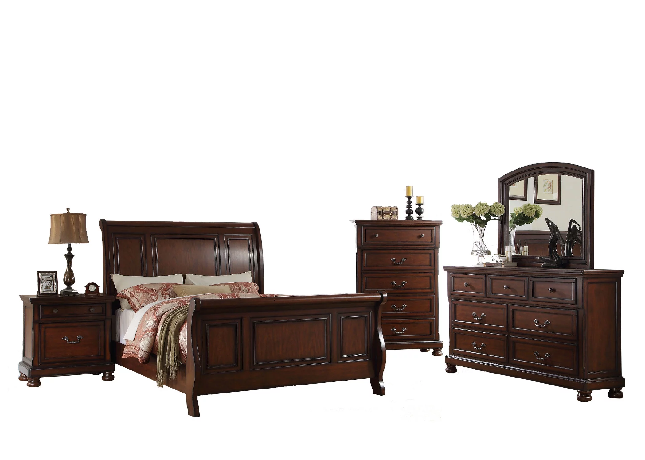 Majestic Traditional Cherry Veneer 6pc Bedroom Furniture Cal King Size Bed Dresser Mirror 2 Nightstands Chest Sleigh Bed