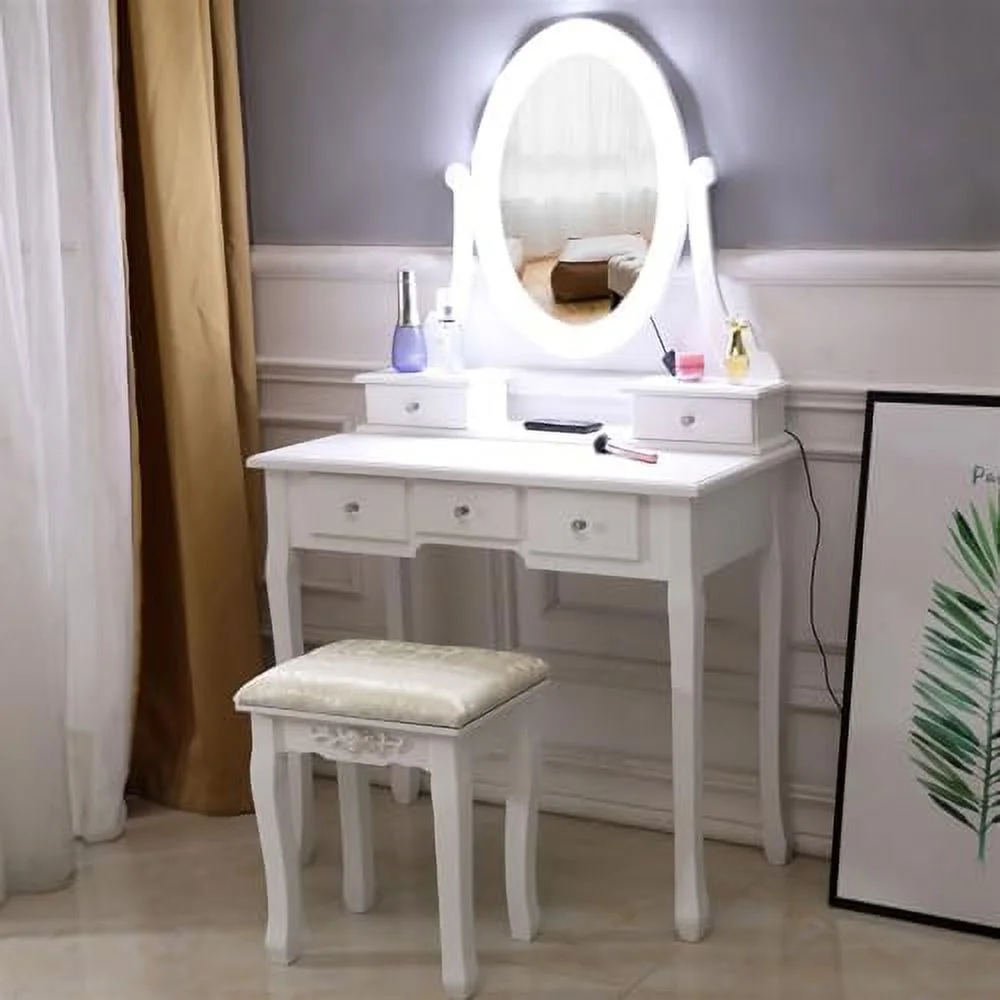 Makeup Vanity Table with Lighted Mirror  Dressing Table Compact Vanity Desk with 5 Large Drawers for Women Girls (White)