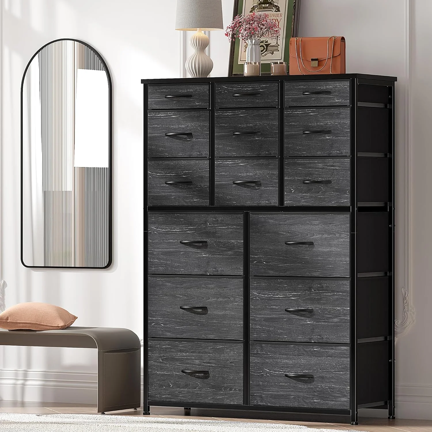 Dresser for Bedroom with 15 Drawers, Tall Dressers for Bedroom with Heavy Duty Wood and Metal, Large Bedroom Dressers & Chest of Drawers for Bedroom, Closets, Living Room, Black Wood Grain