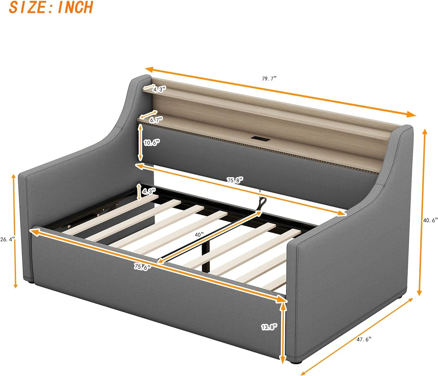 Upholstered Size Daybed With LED Lights,Wood Daybed Frame With Lift Up Storage, Lie Fabric Daybed Sofa With Chargig Statio For Bedroom, Livig Room,Grey