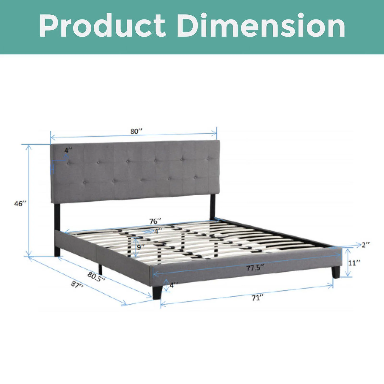 Modern Style bed base Grey bed platform Fabric queen frame