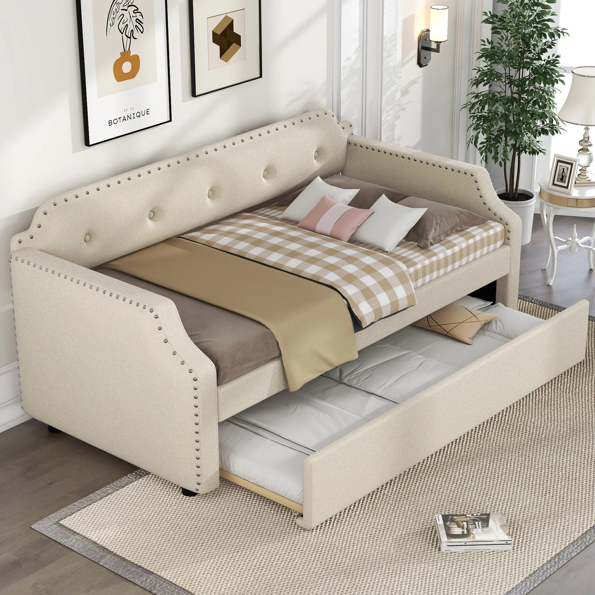 Ascar Twin Size Upholstered Daybed with Trundle - Beige