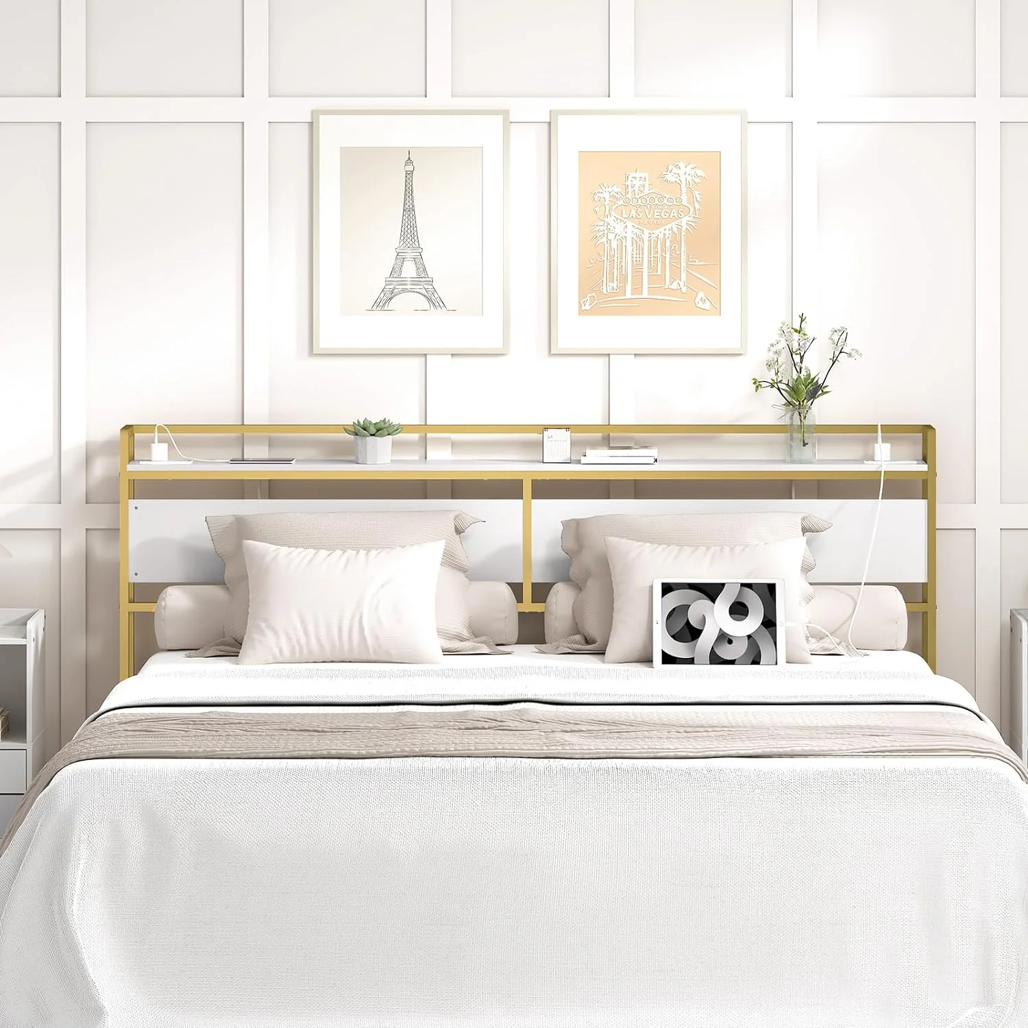 Headboard, Headboard with 2 Outlets and 4 USB Ports, Adjustable Height, Storage Rack, Sturdy and Stable, Easy Assembly, White and Gold