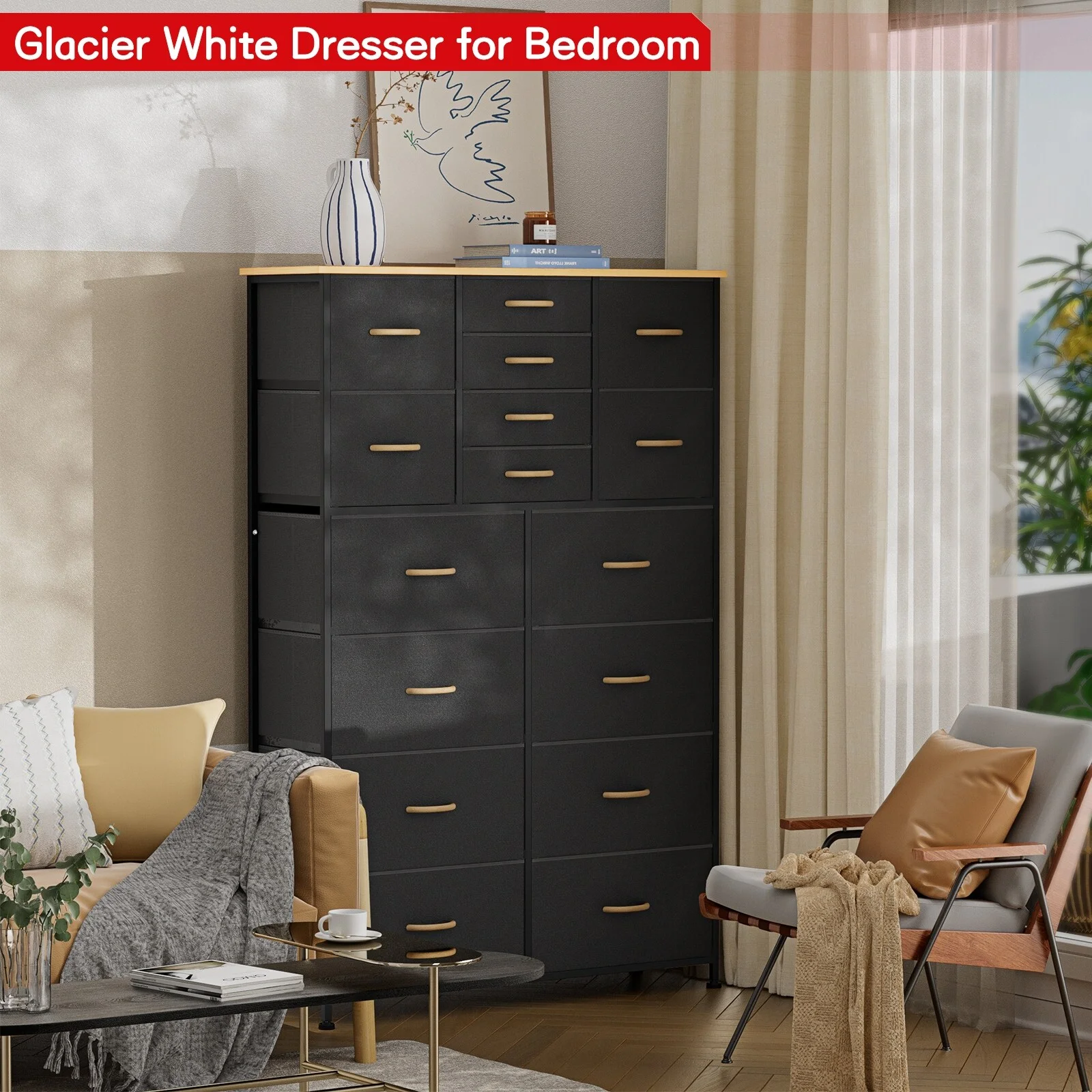 Storage Tower Unit with 16 Drawers, Leather storage, Bedroom, Livingroom, Black