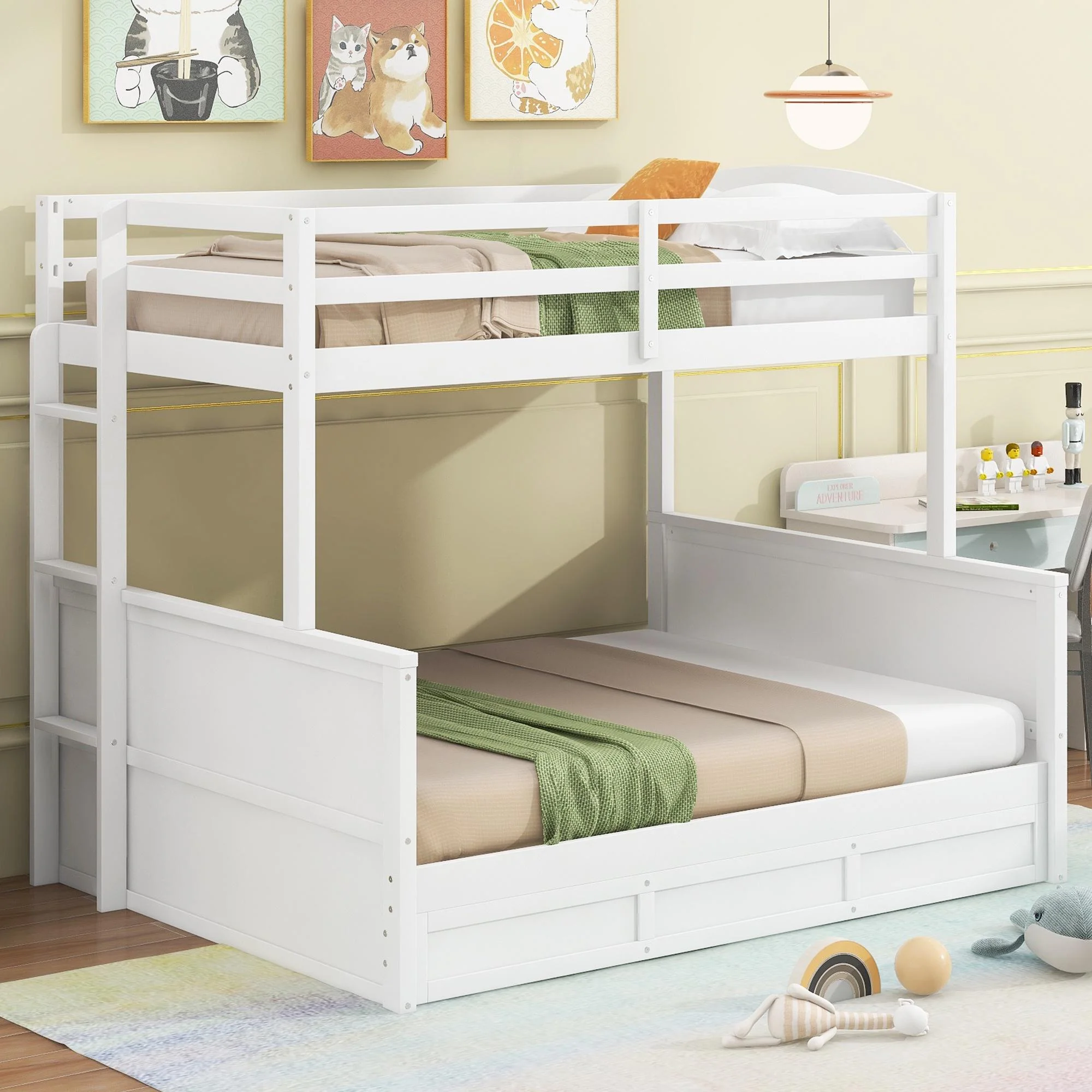 uhomepro Twin over Full Bunk Bed with Storage, Wood Bunk Bed with Hydraulic Lift Storage for Kids Teens Adults, Can Be Divided into 2 Separate Platform Bed, White