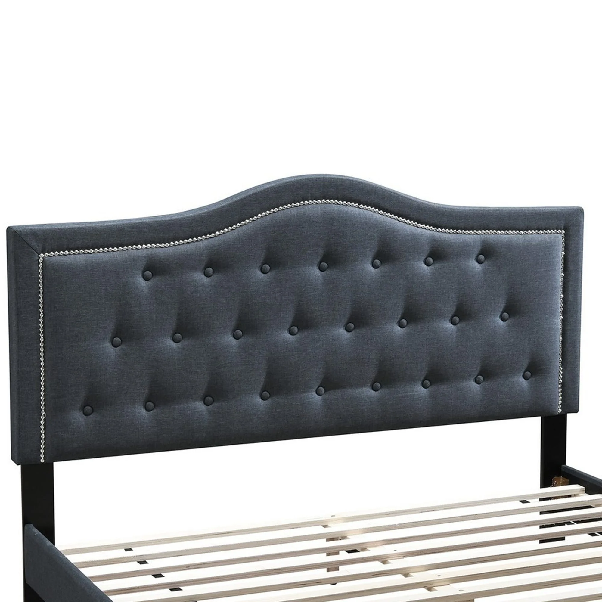 Button Tufted Queen Burlap Bed with Curved Headboard, Charcoal Gray