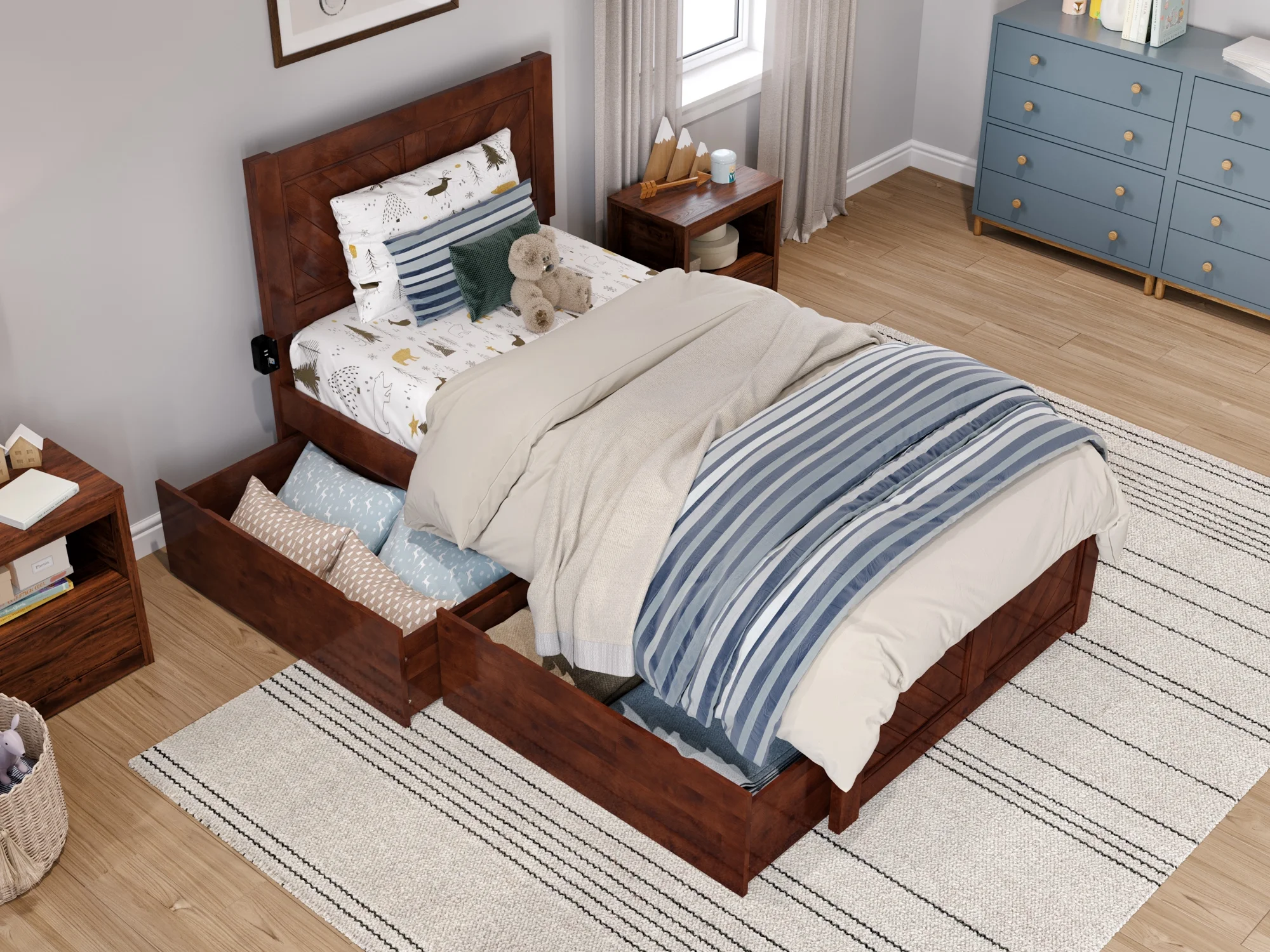 AFI Canyon Walnut Solid Wood Platform Bed with Matching Footboard & Storage Drawers, Twin