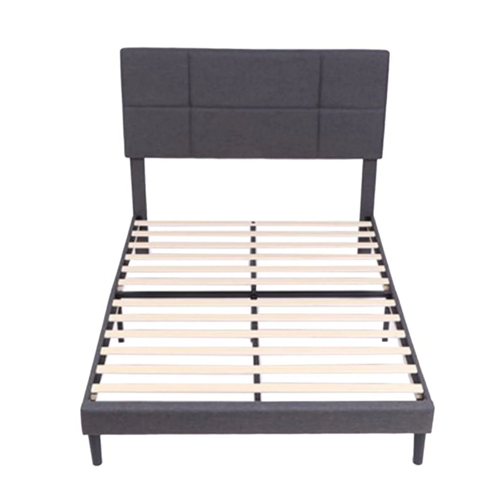 Full Size Upholstered Platform Bed Frame with Fabric Headboard, Metal and Wood Slats Support, Dark Grey