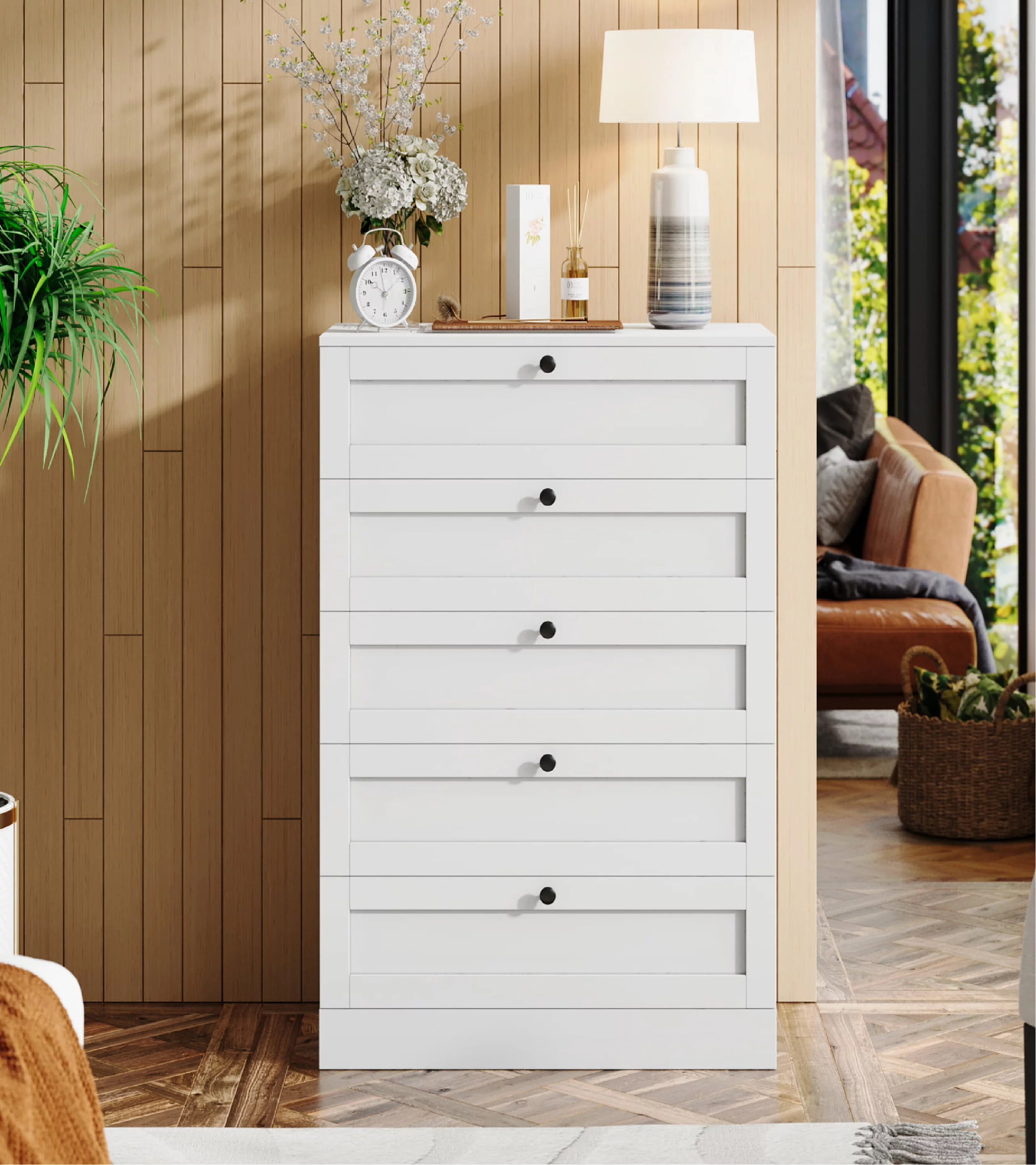 Homfa 5 Drawer White Bedroom Dresser, Modern Vertical Dresser Drawers Wood Organizer for Living Room Entryway Small Spaces