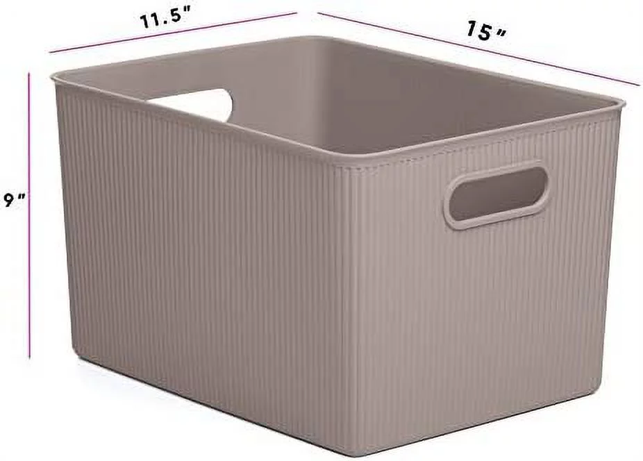 Ribbed Collection - Decorative Plastic Open Home Storage Bins Organizer Baskets, Taupe (Set of 3) X-Large, Large, Medium - Container Boxes for Organizing Closet Shelves Drawer Shelf