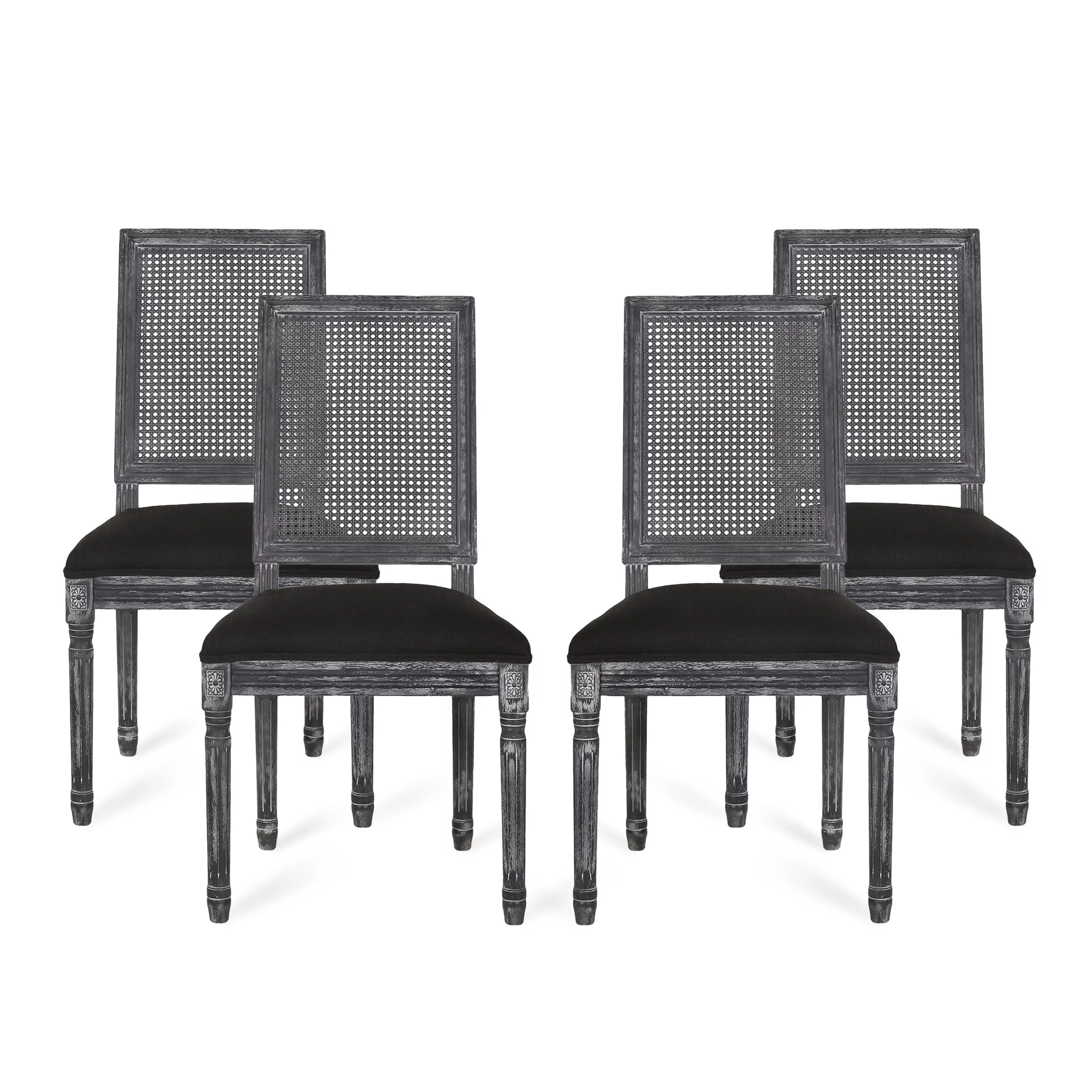 GDF Studio Brownell French Country Wood and Cane Upholstered Dining Chairs, Set of 4, Black and Gray