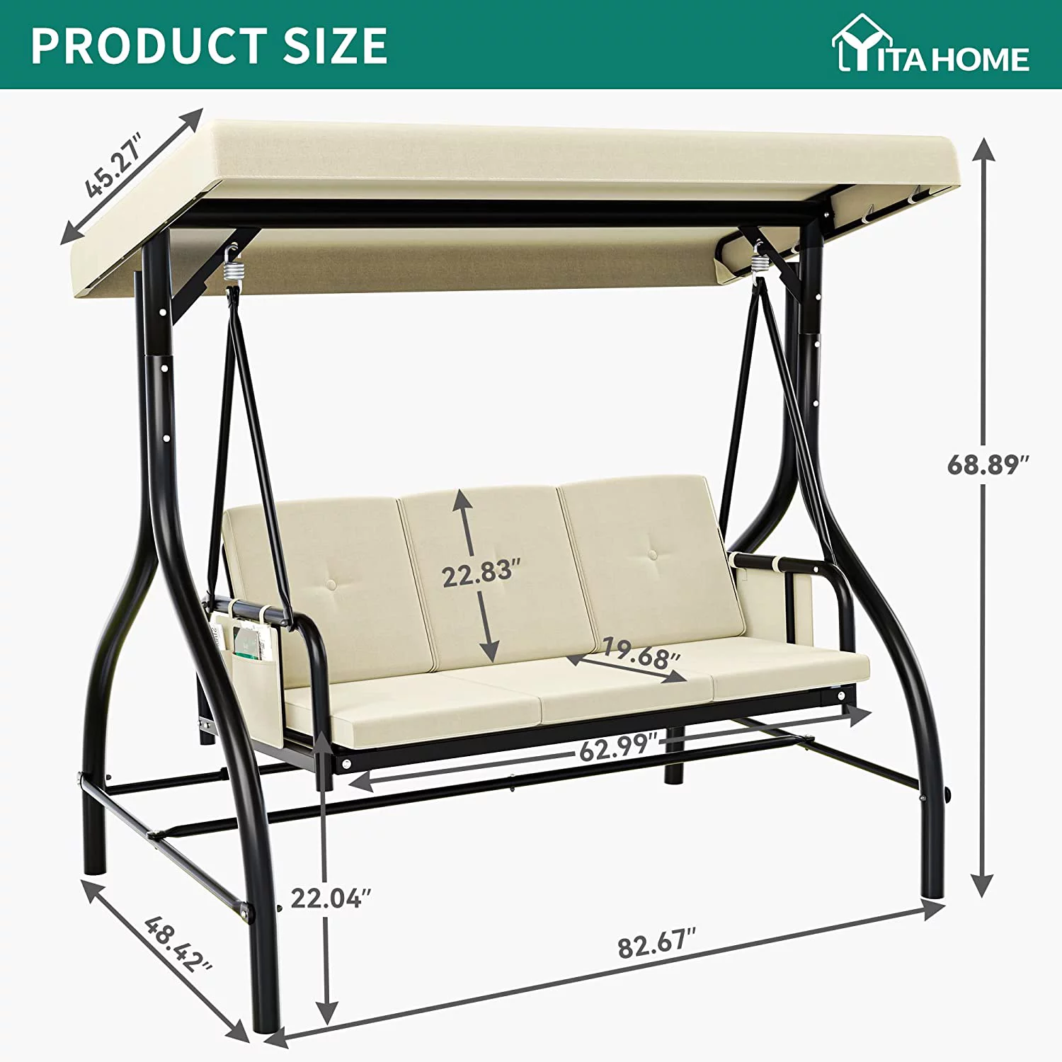 Dextrus Porch Swing Bed 3-Seats Outdoor Patio Swing Heavy Duty Swing Chair with Adjustable Canopy Removable Cushion , Beige