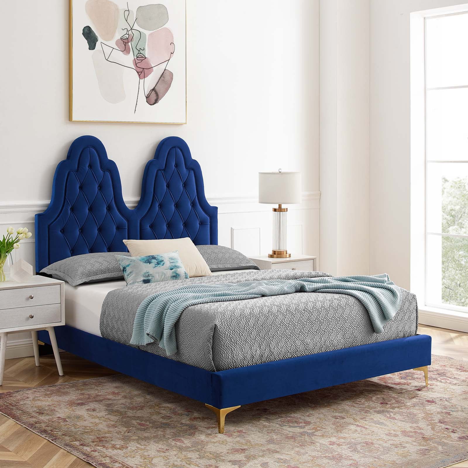Modway Alexandria Tufted Performance Velvet Twin Platform Bed in Navy