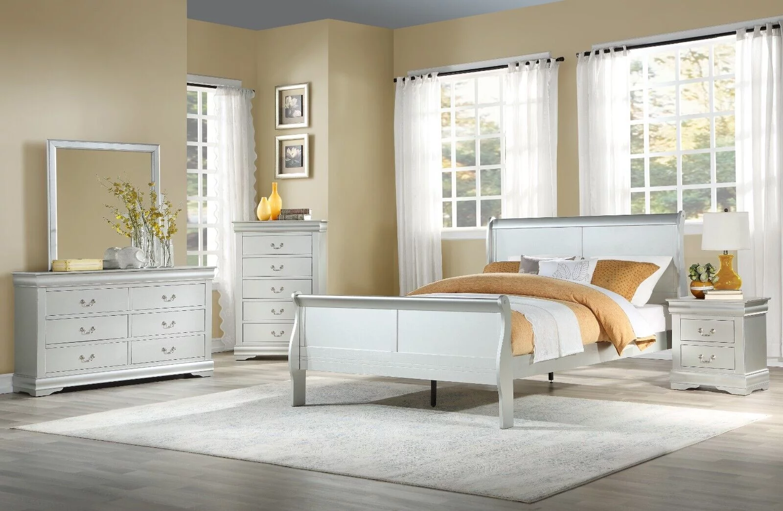 Louis Phillippe Transitional Eastern King Bedroom 4pc Set Panel Bed Dresser Mirror Nightstand Platinum Finish Furniture