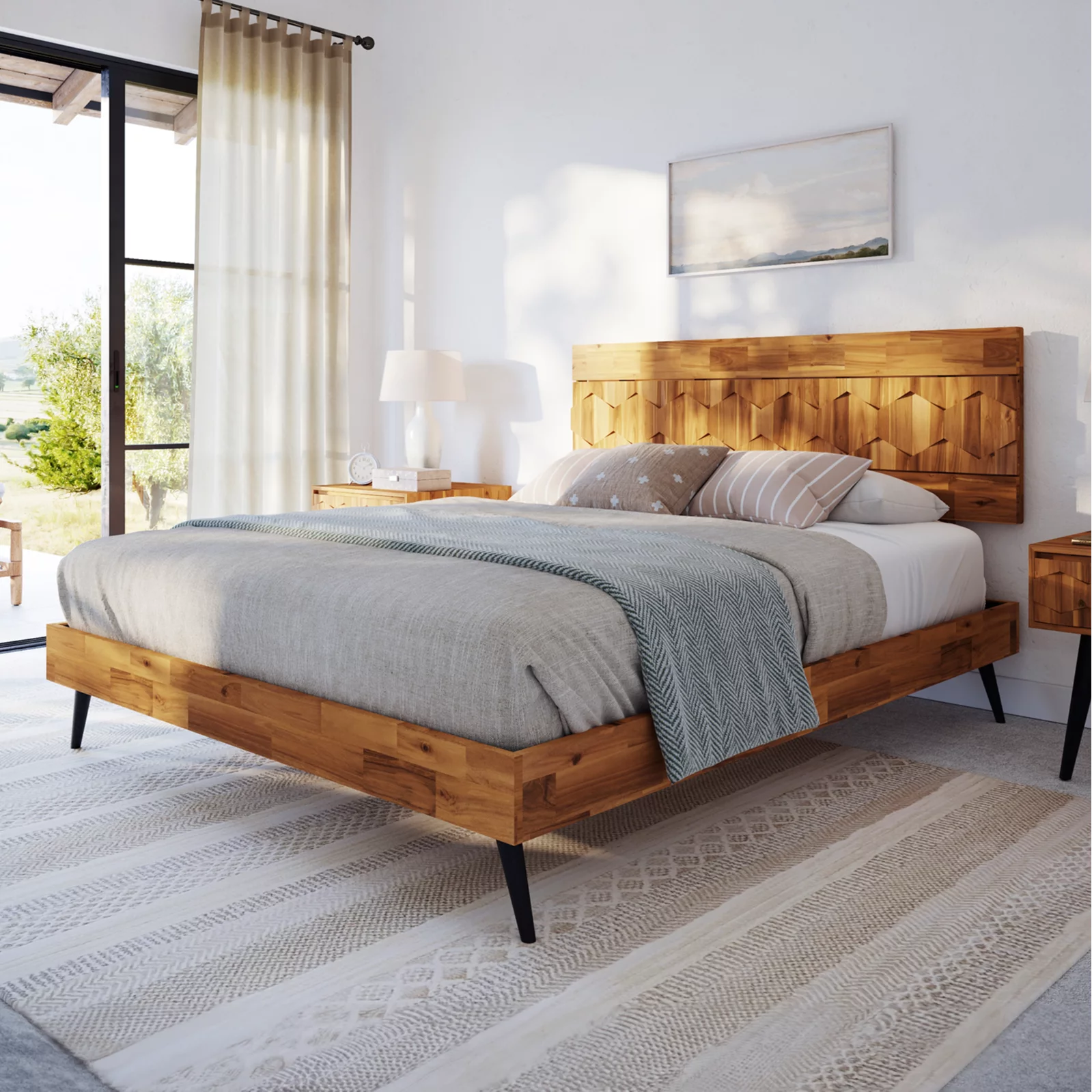 Aile Patronza Queen Solid Wood Bed Frame, Platform Bed, Rhombus Pattern Headboard, Autumn