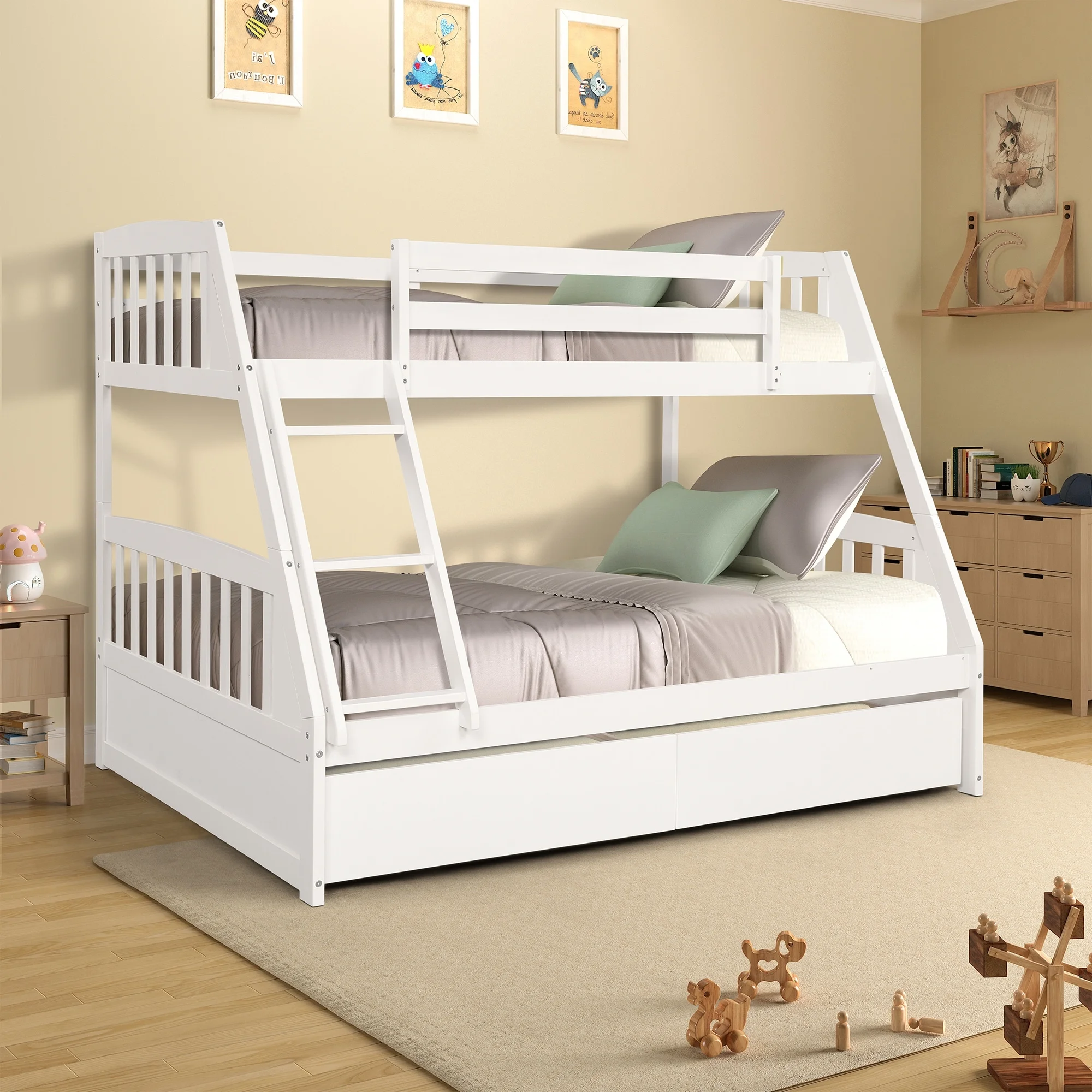 Home Adores Marco Solid Wood Twin Over Full White Bunk Bed with Two Storage Drawers