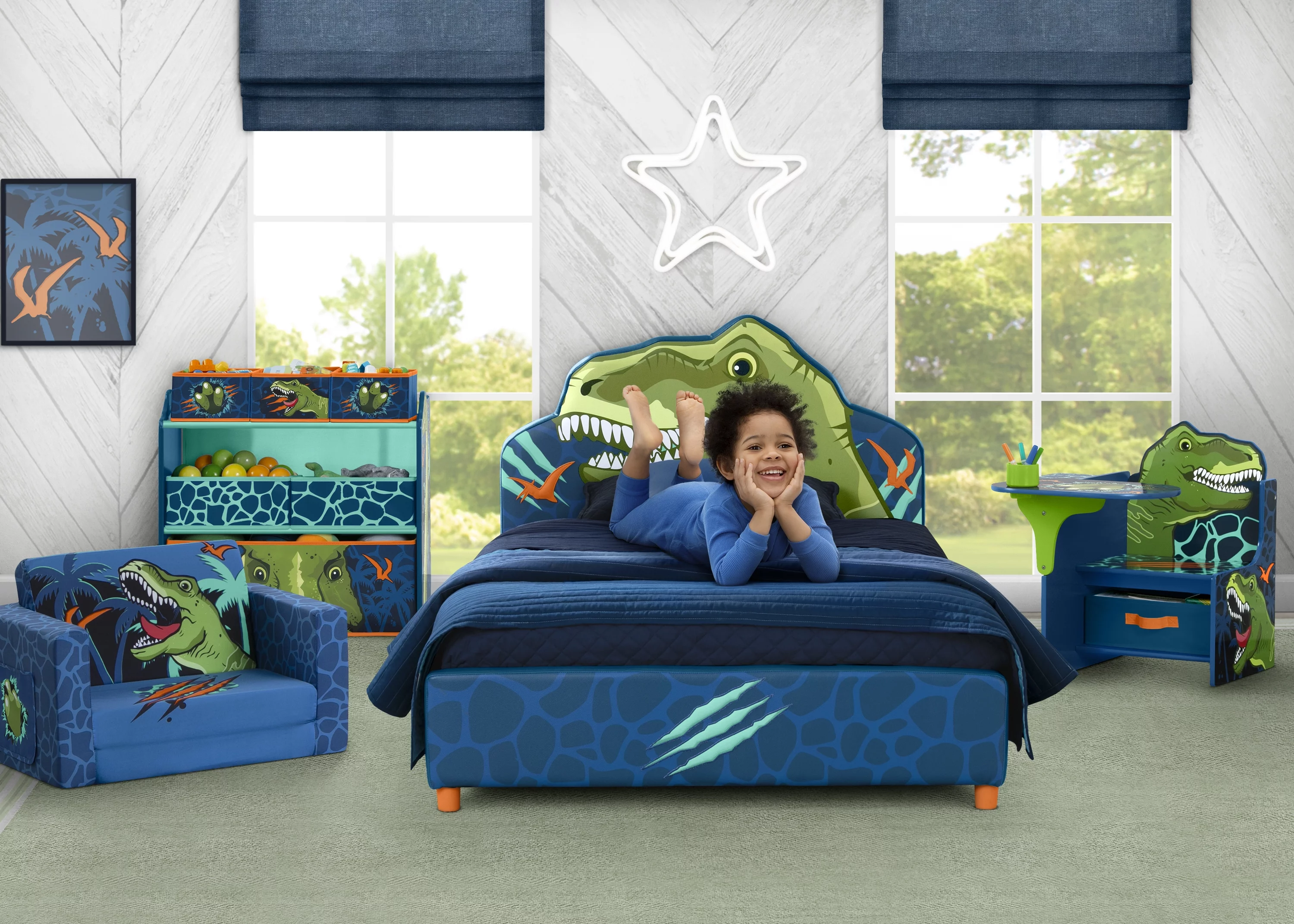 Delta Children Dinosaur Upholstered Twin Bed, Blue