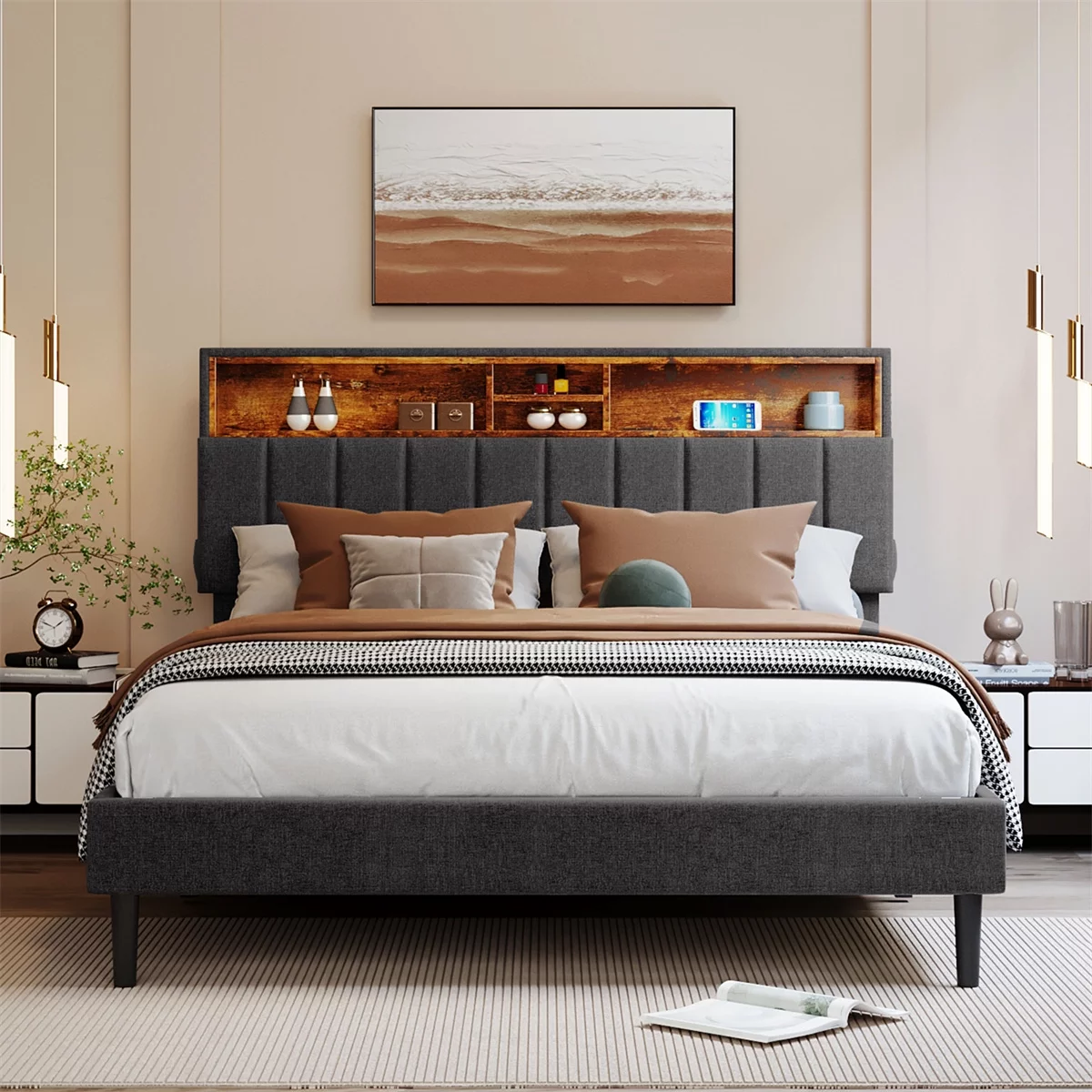 Vintage Full Size Bed Storage Headboard and USB Port for Teenagers Adults