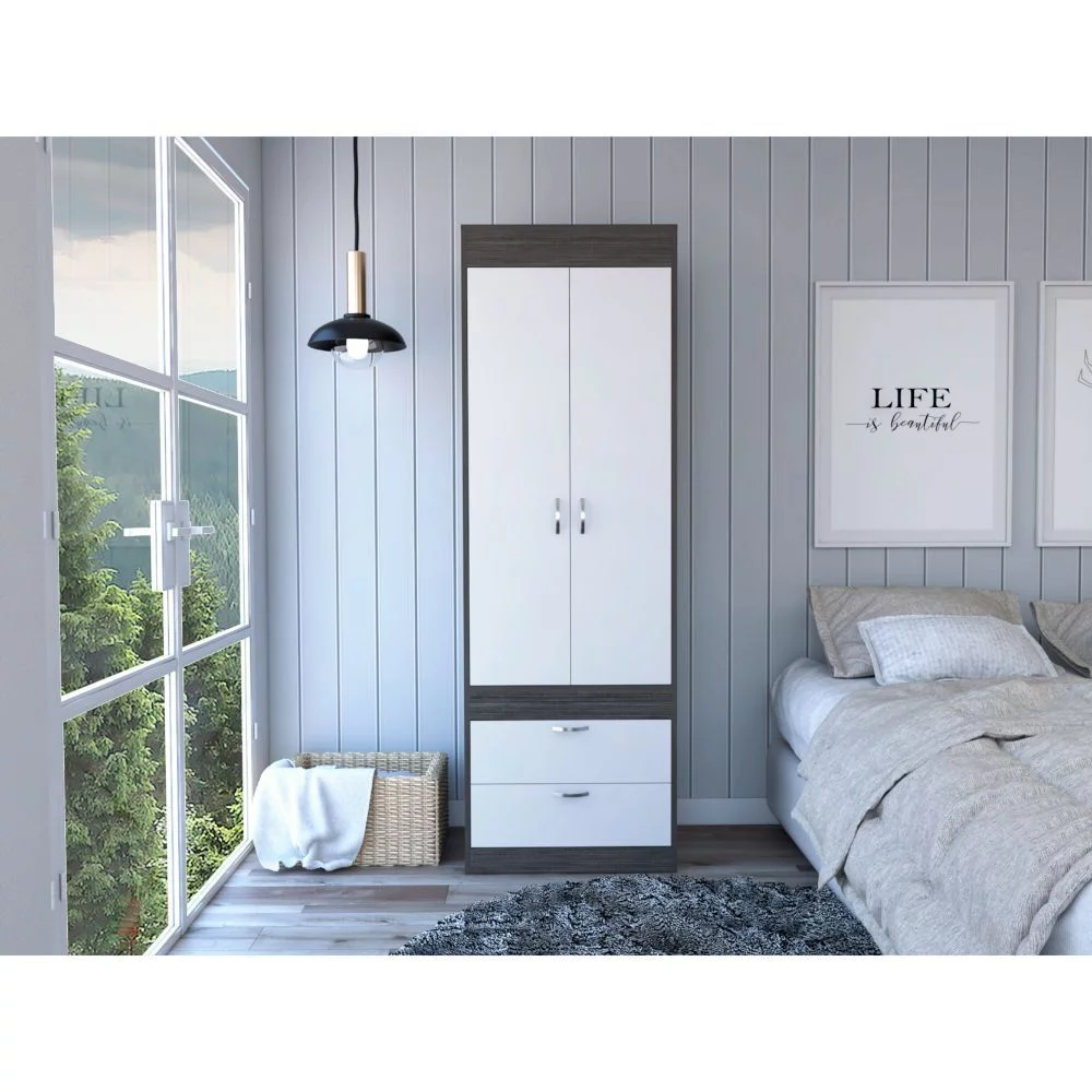 Alabama Armoire with 2 Drawers, Cabinet, Smokey Oak/White