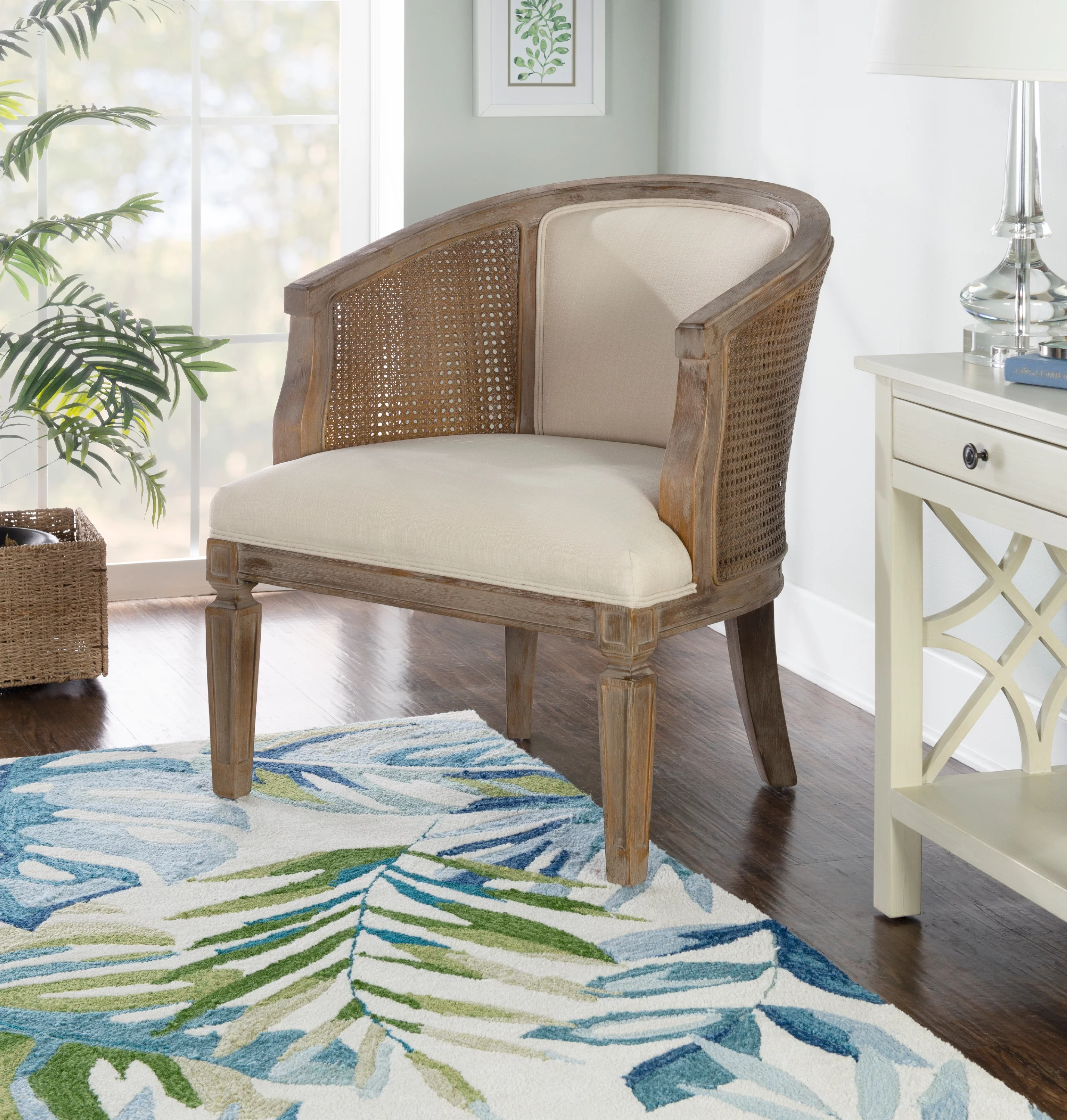 Linon Hazeldale Barrel Rattan Cane Accent Chair, Graywash