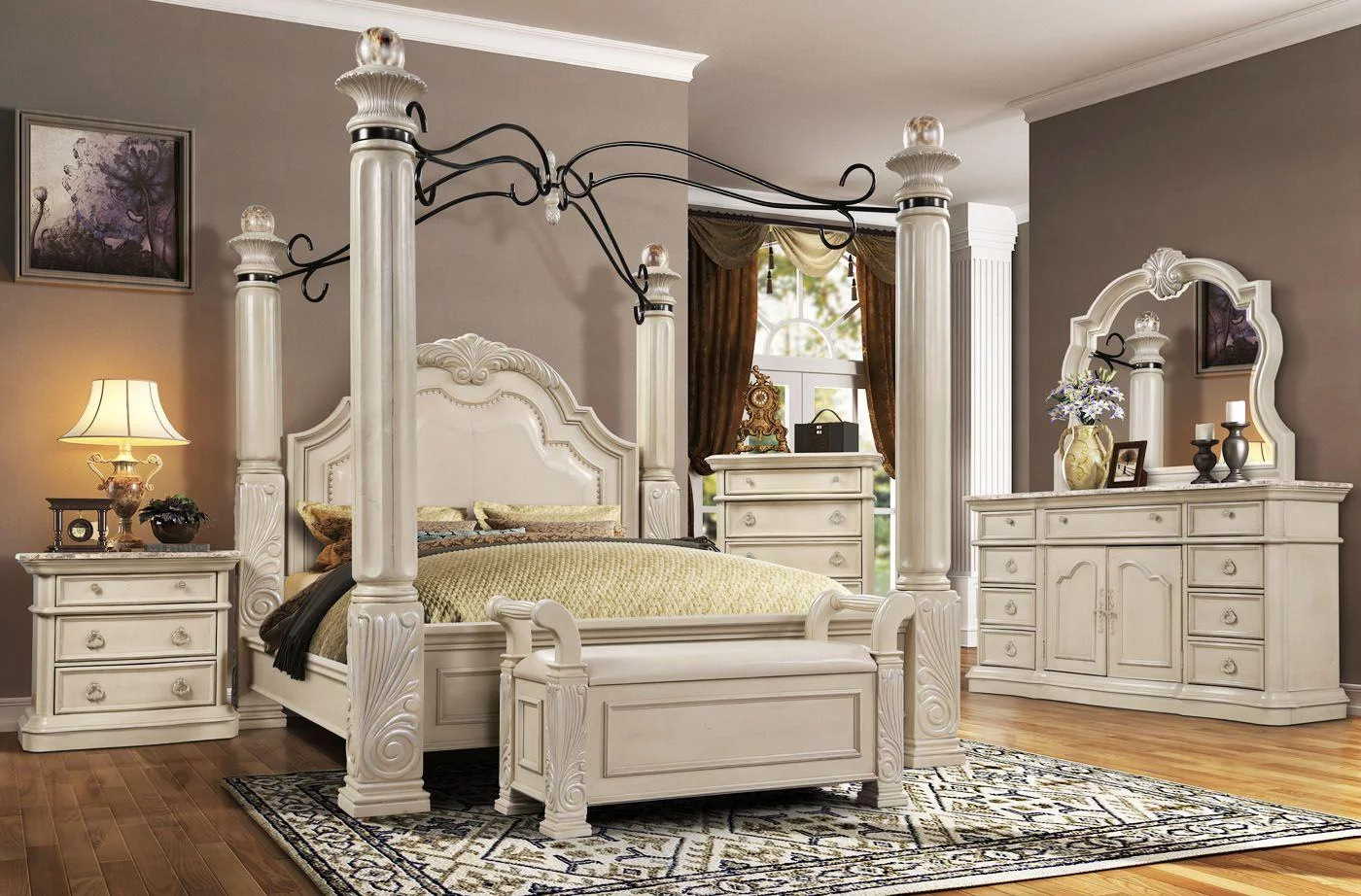 Antique White Solid Hardwood Queen Canopy Bedroom Set 4Pc McFerran B6006 Classic