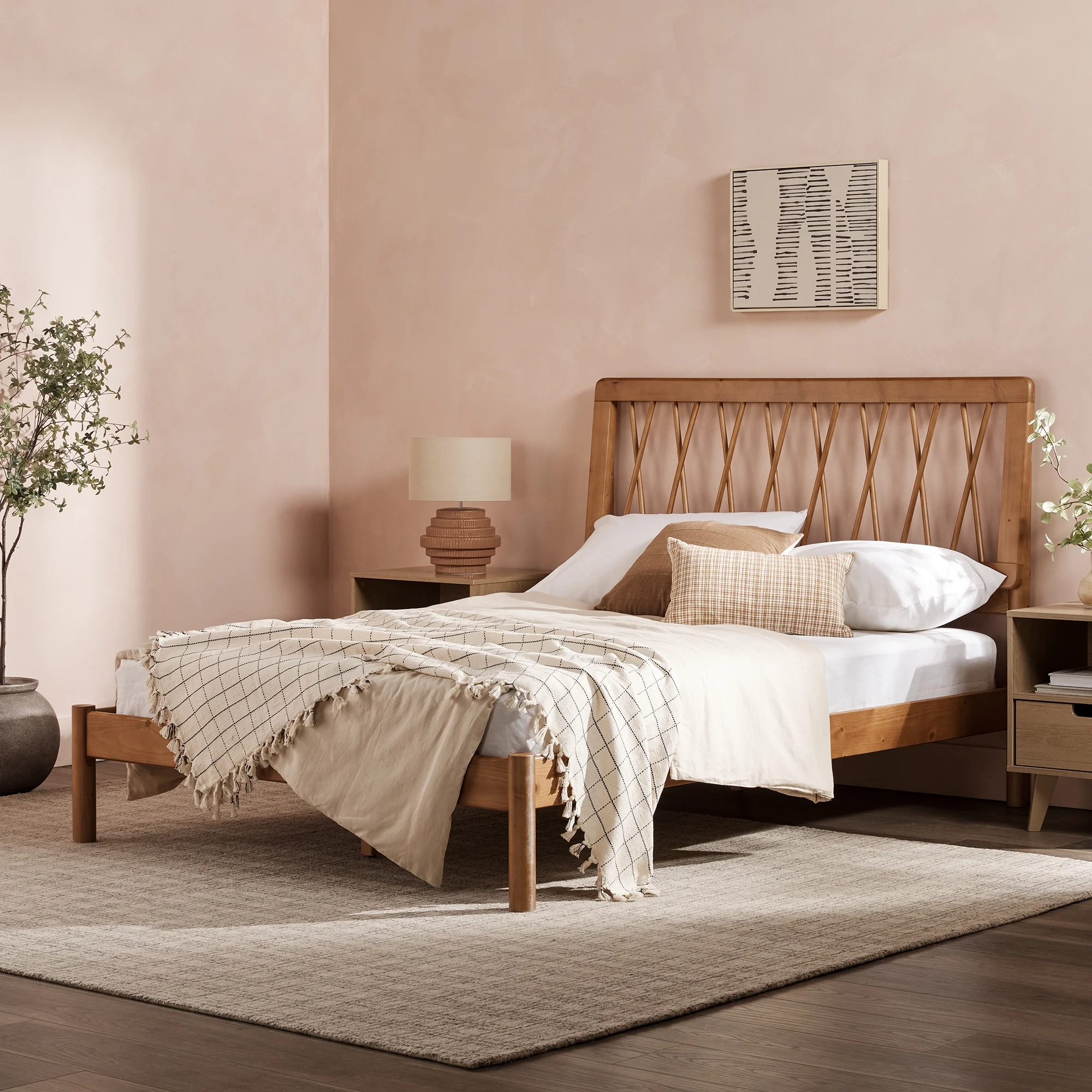 Walker Edison Transitional Solid Wood Platform Full Bed, Caramel