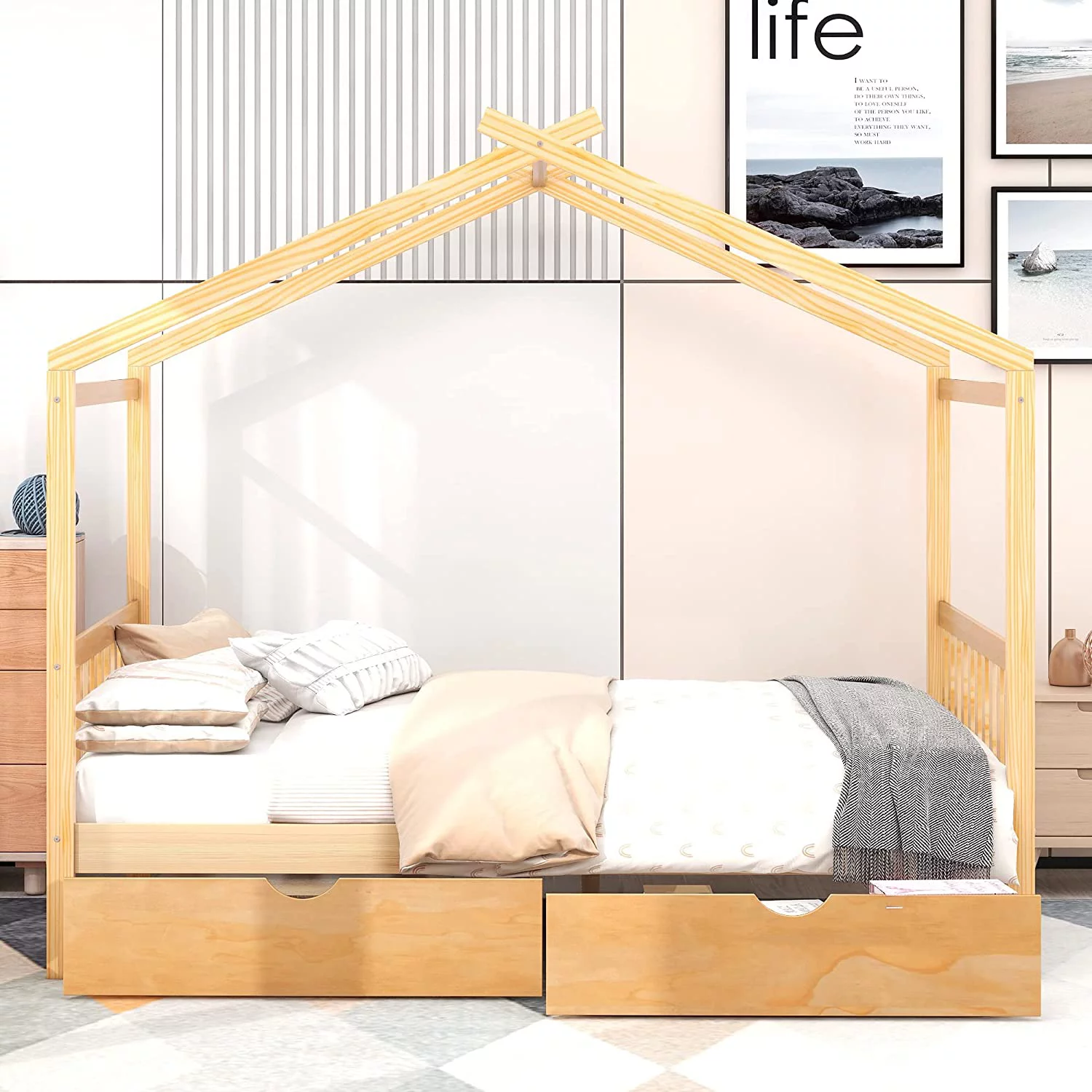 Full Size House Bed, Full Platform Bed With 2 Drawers, Headboard And Footboard, Roof Design, Bedroom Furniture, Natural