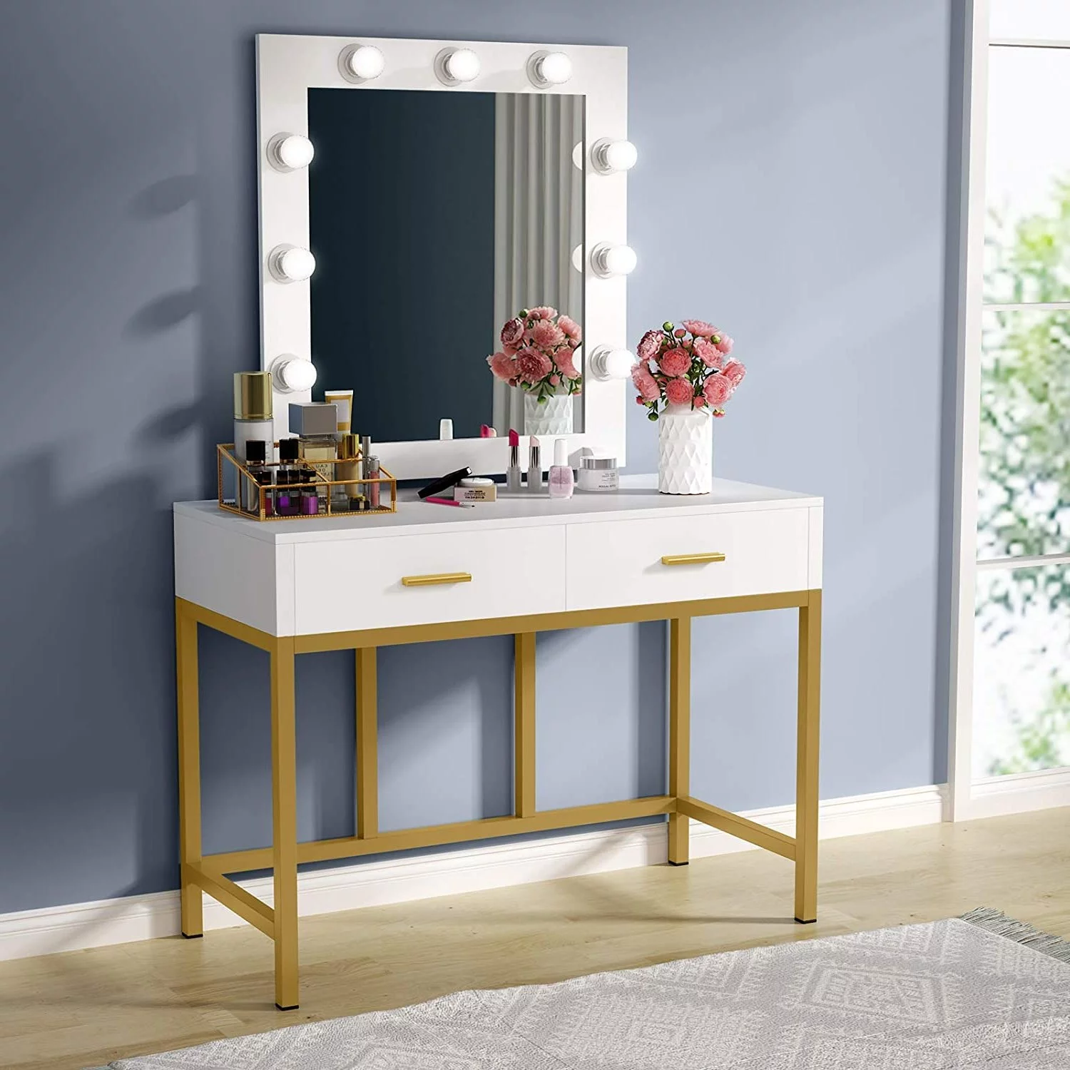 SalonMore Wood Vanity Dressing Table with Lighted Mirror and Drawer Shelves, Makeup Dresser Desk Set for Bedroom, Gold and White