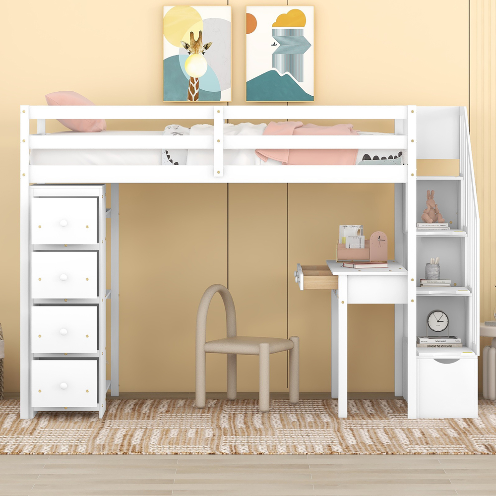 Twin Size Loft Bed with Desk,Wooden Loft Bed with Shelves, Loft Bed Frame with Storage Drawers and Stairs,White