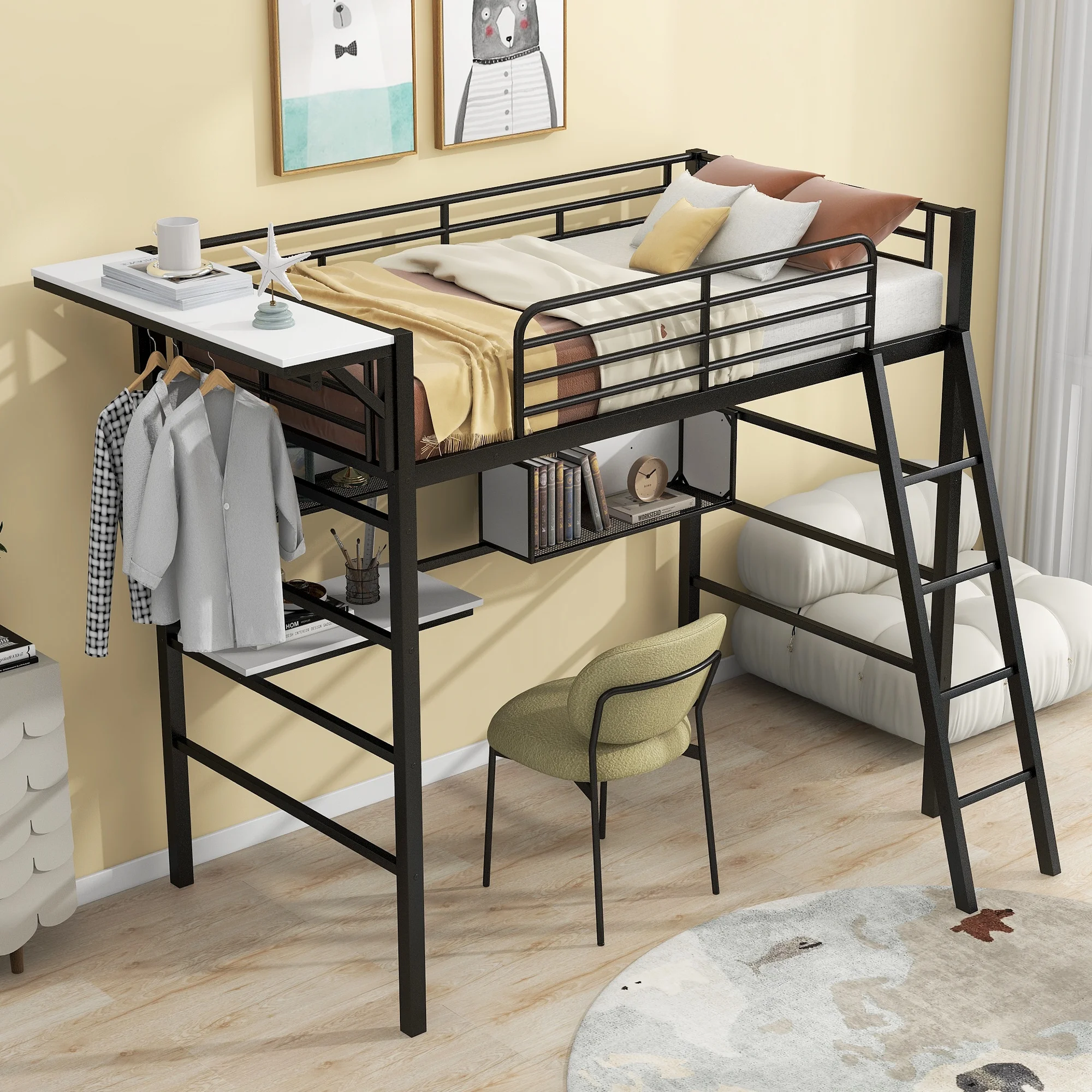 CoSoTower Twin Size Metal Loft Bed with 2 Shelves, A Desk and A Hanging Clothes Rack, Black and White